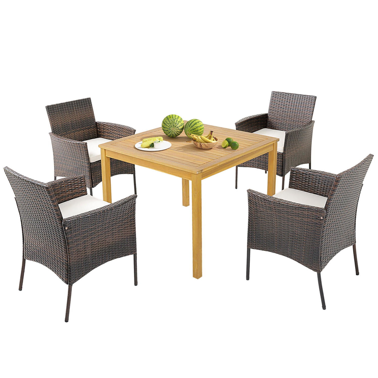 Gymax 5 PCS Patio Dining Set Acacia Wood Table w/ 1.9'' Umbrella Hole Cushioned Chairs