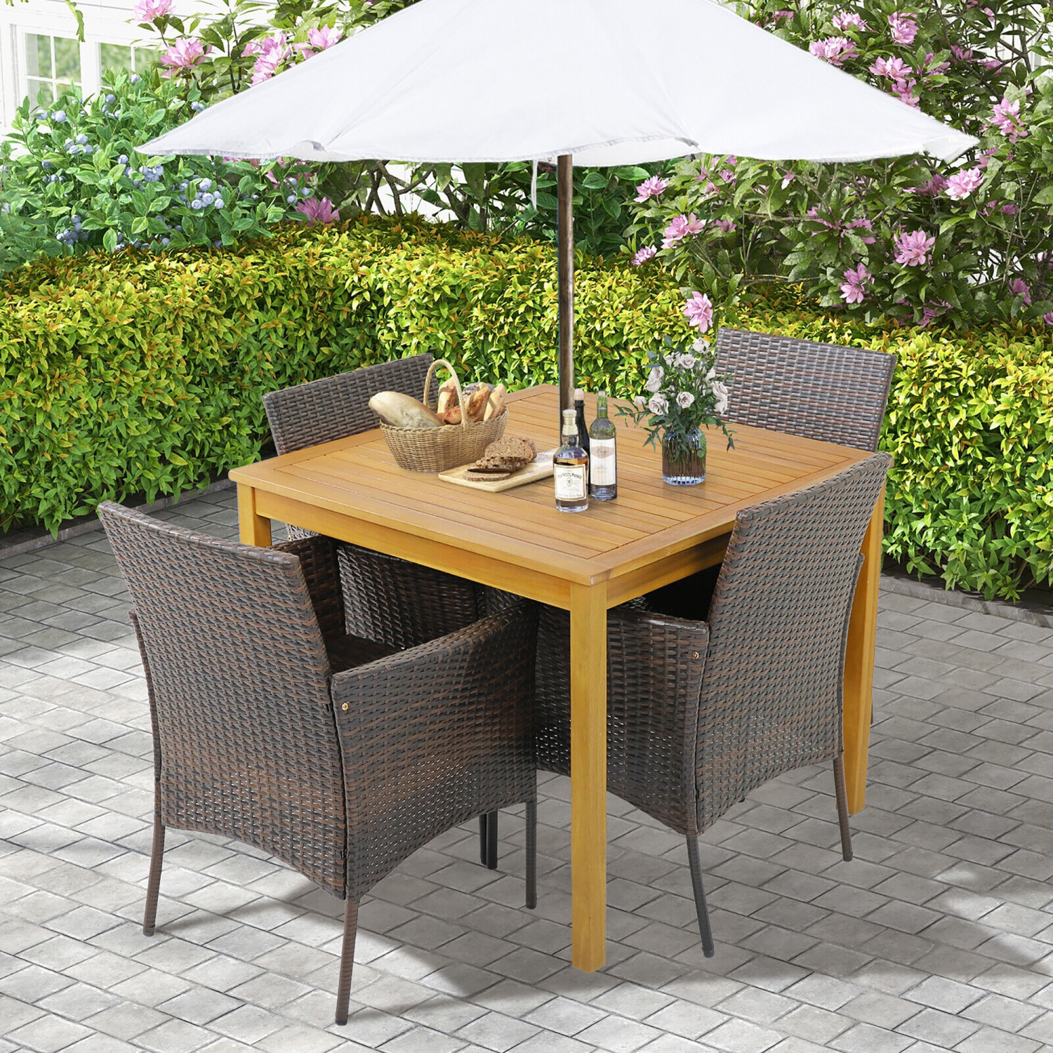 Gymax 5 PCS Patio Dining Set Acacia Wood Table w/ 1.9'' Umbrella Hole Cushioned Chairs