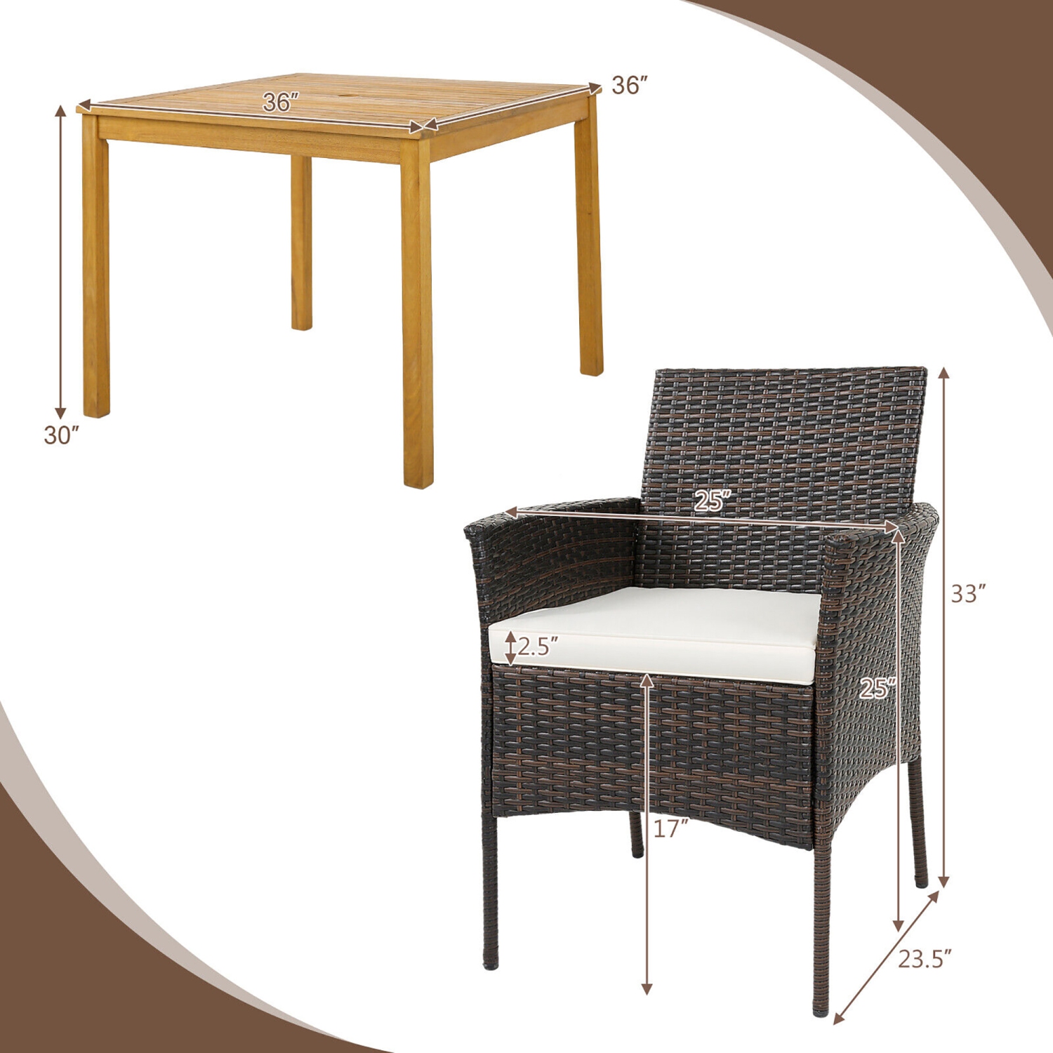 Gymax 5 PCS Patio Dining Set Acacia Wood Table w/ 1.9'' Umbrella Hole Cushioned Chairs