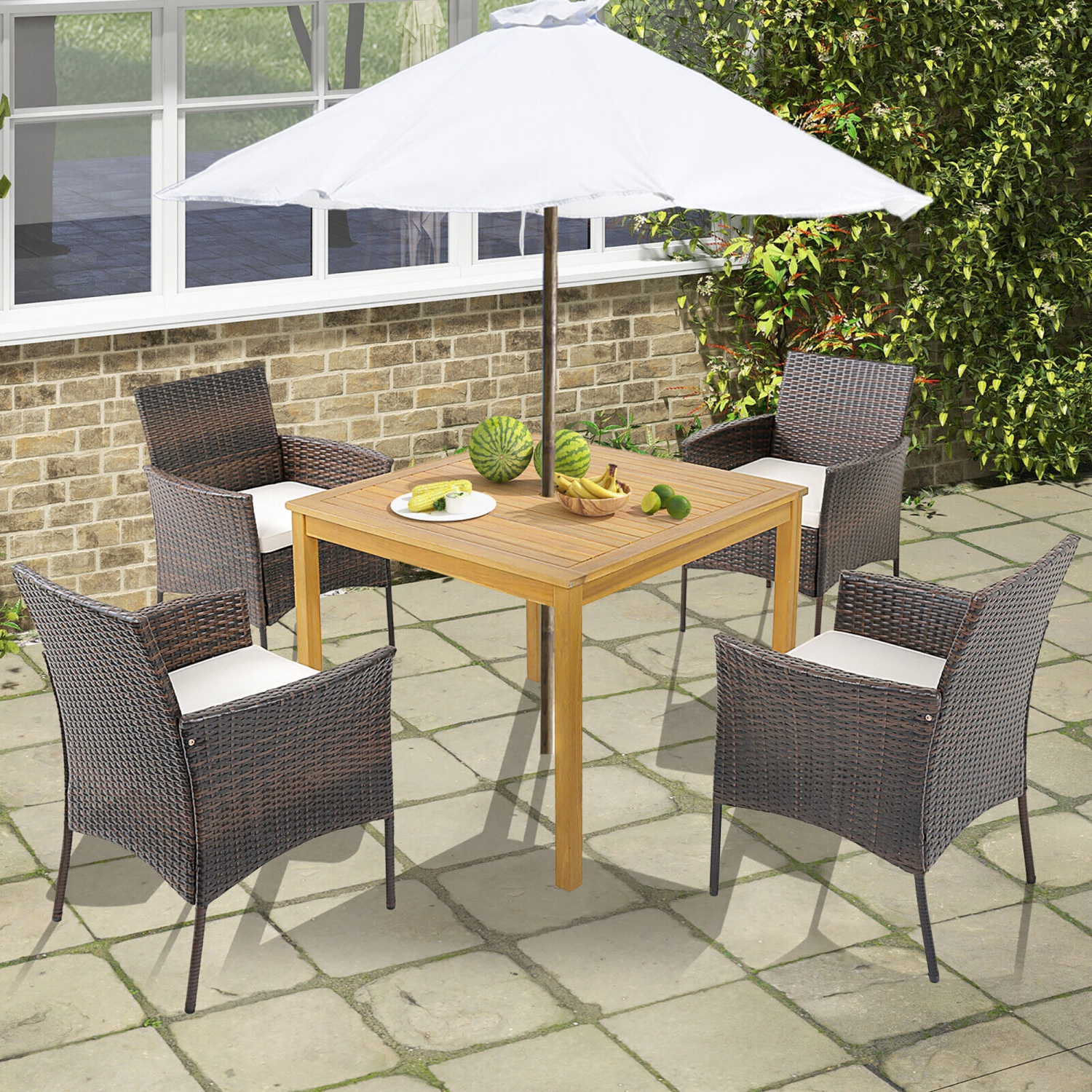 Gymax 5 PCS Patio Dining Set Acacia Wood Table w/ 1.9'' Umbrella Hole Cushioned Chairs