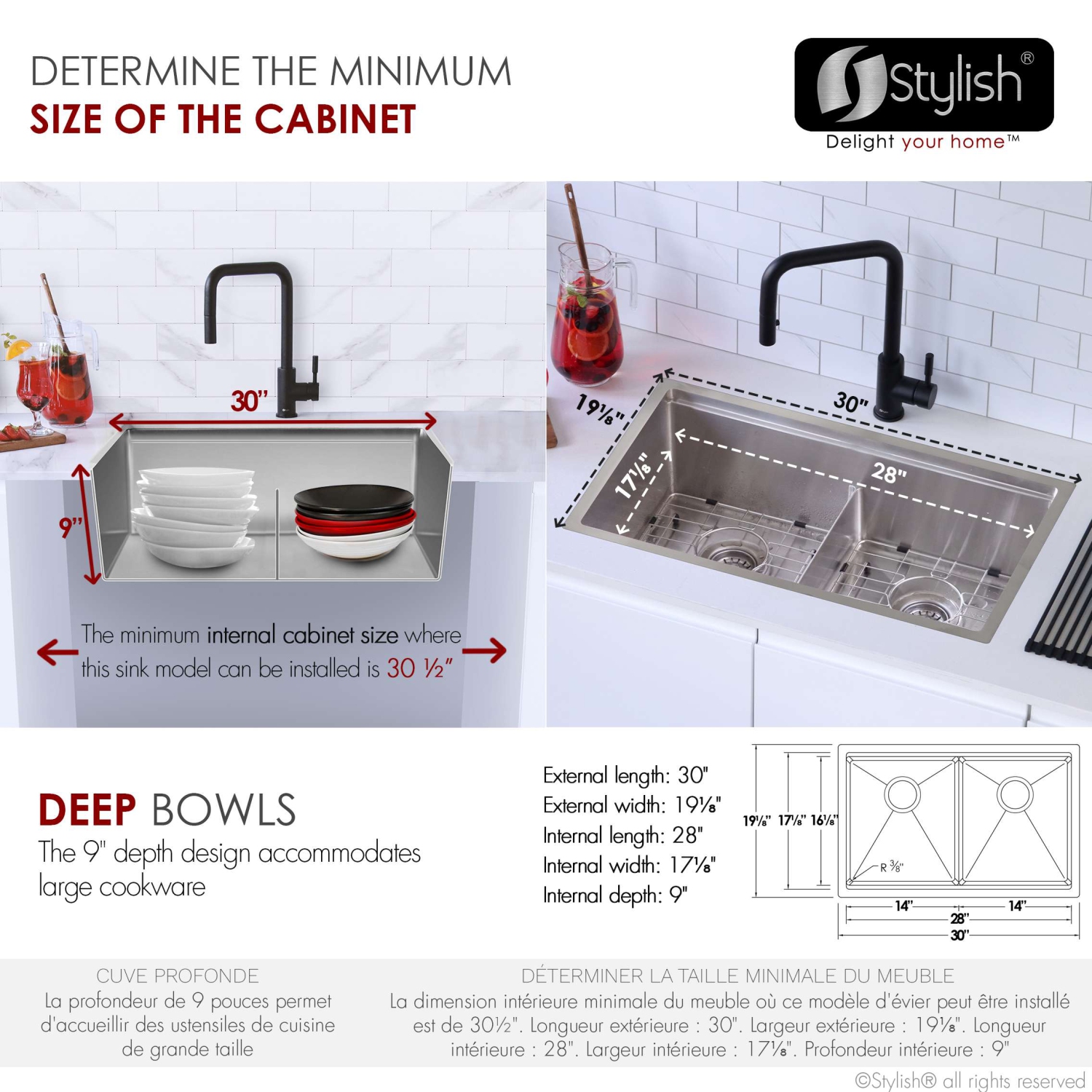 Stylish Boron Dual-Mount 30" Double-Bowl Stainless Steel Workstation Kitchen Sink S-230W