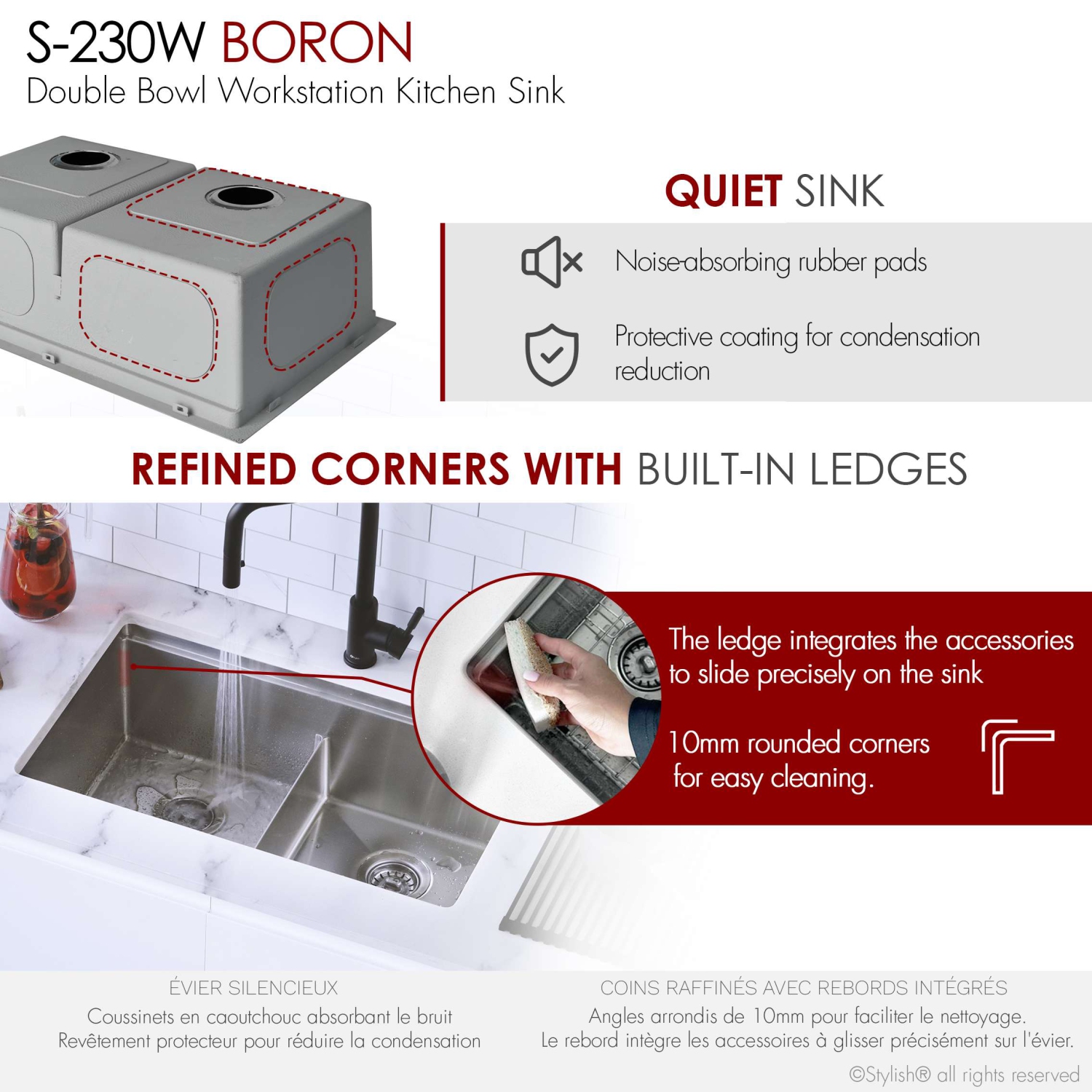 Stylish Boron Dual-Mount 30" Double-Bowl Stainless Steel Workstation Kitchen Sink S-230W