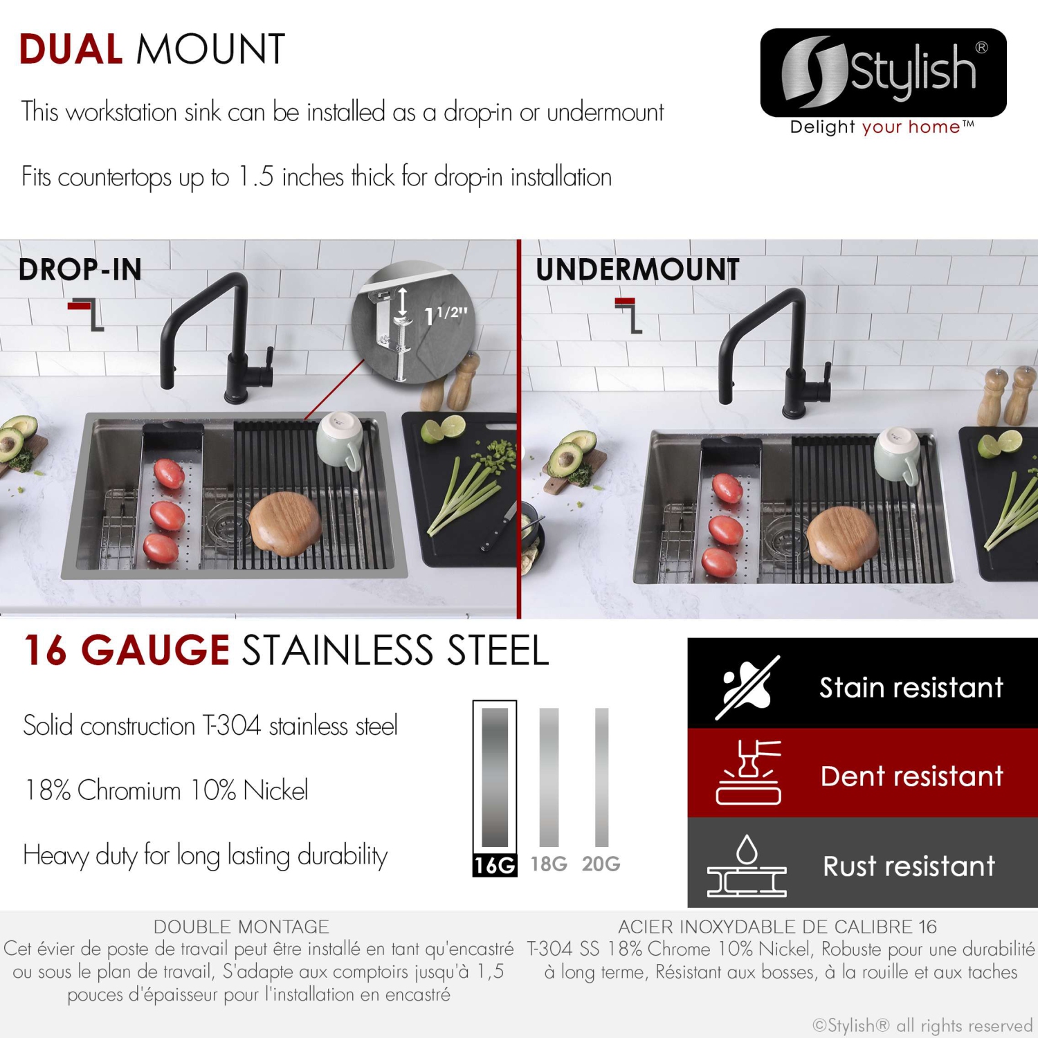 Stylish Argon Dual-Mount 27" Single-Bowl Stainless Steel Workstation Kitchen Sink S-127W