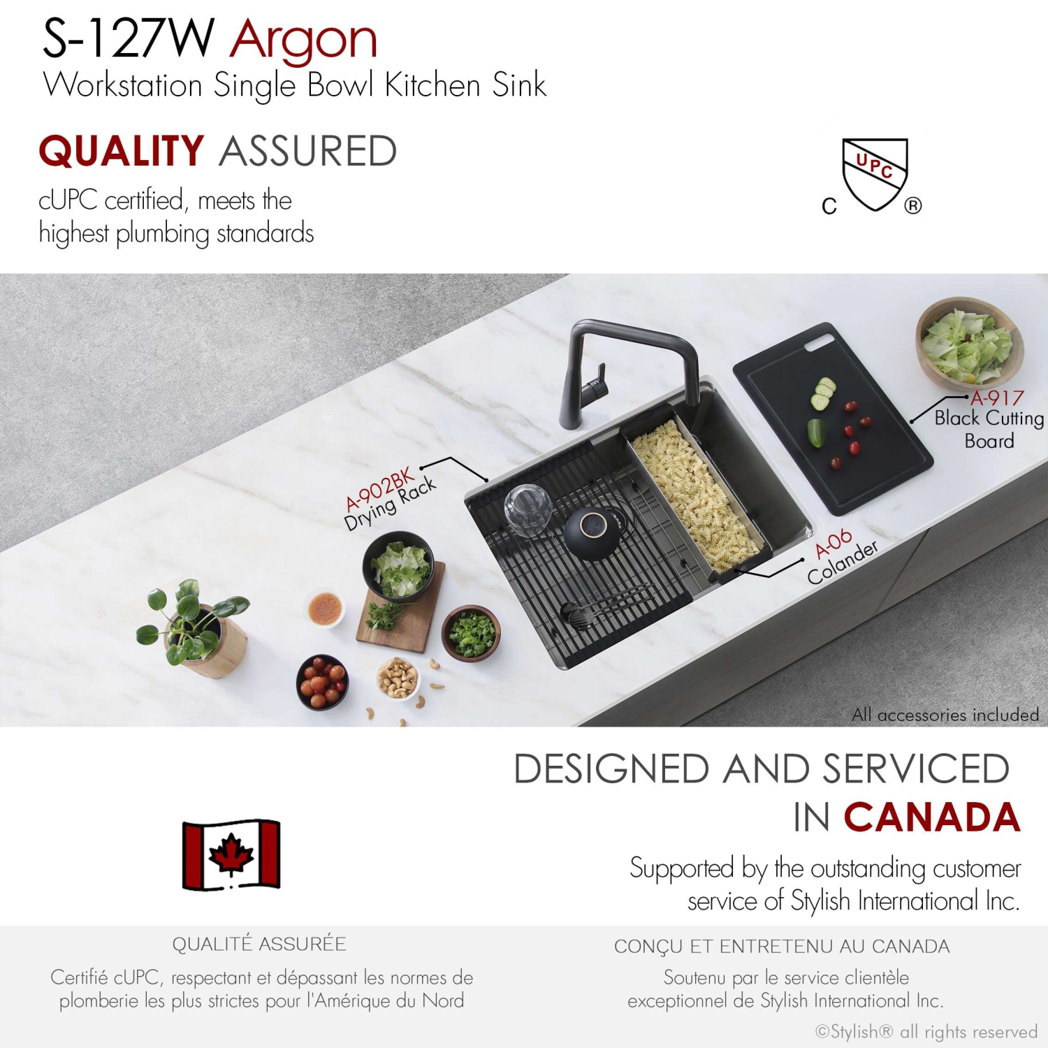 Stylish Argon Dual-Mount 27" Single-Bowl Stainless Steel Workstation Kitchen Sink S-127W