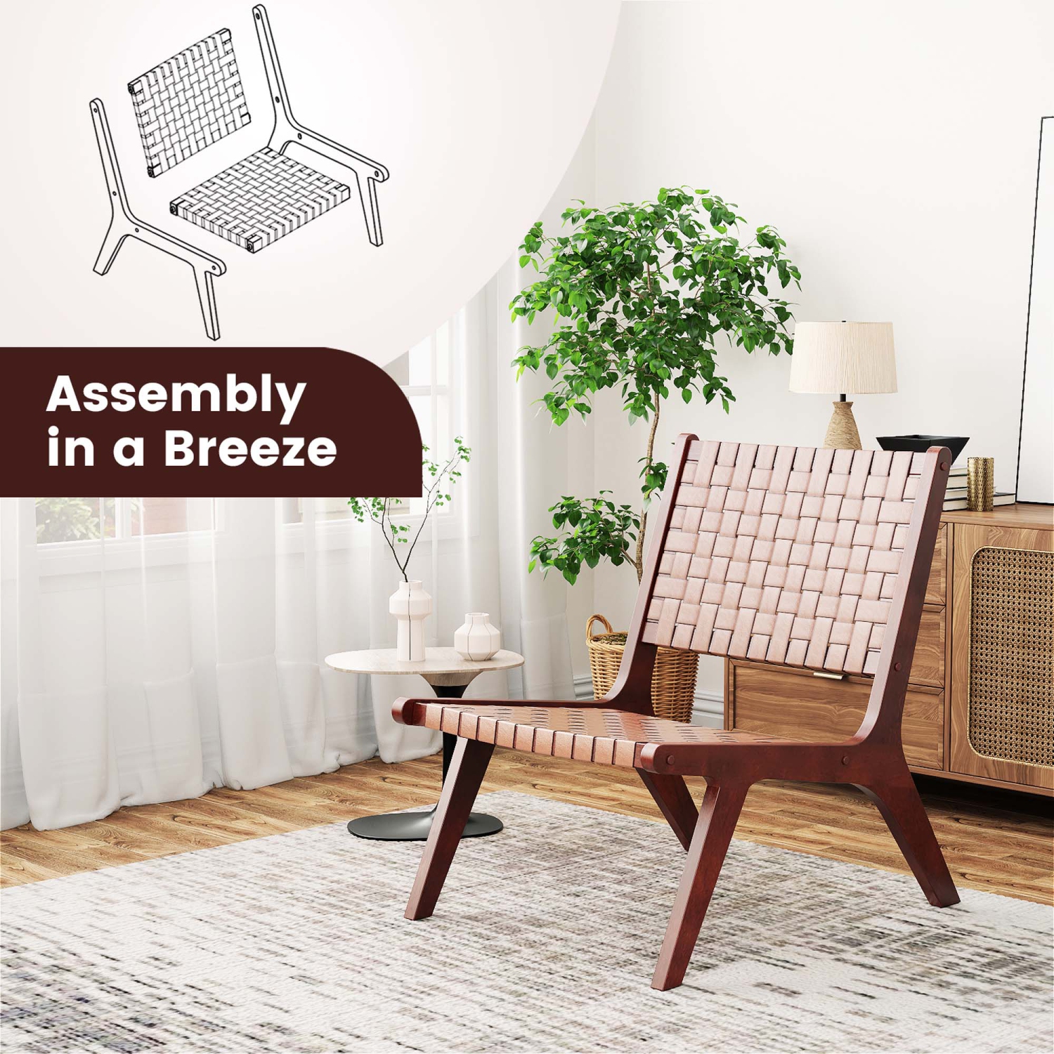 Costway Set of 2 Woven Leather Accent Chair Mid Century Rubber Wood Armless Side Chair