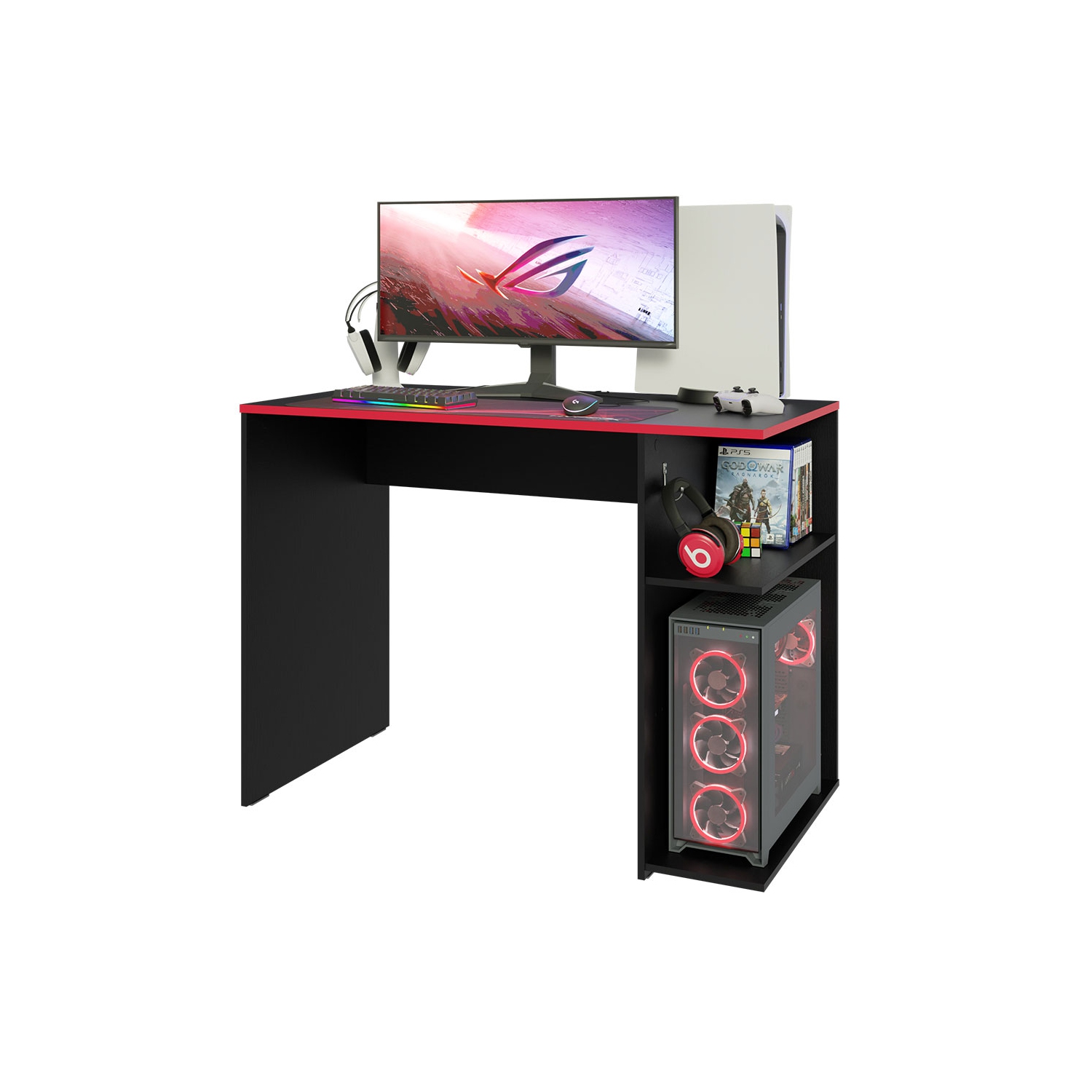 Bureau d'ordinateur de jeu Madesa 39 po avec 2 tablettes et support d'écouteurs table de bureau en bois robuste pour enfants et adultes - Noir/rouge