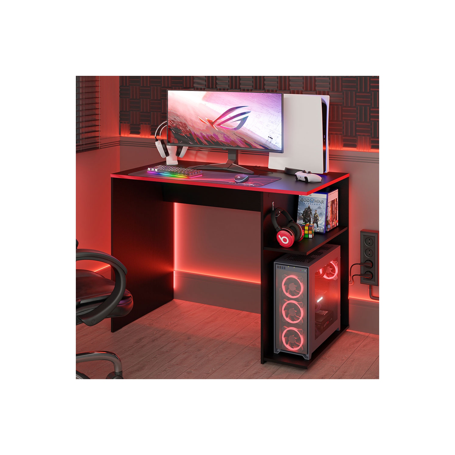 Bureau d'ordinateur de jeu Madesa 39 po avec 2 tablettes et support d'écouteurs table de bureau en bois robuste pour enfants et adultes - Noir/rouge