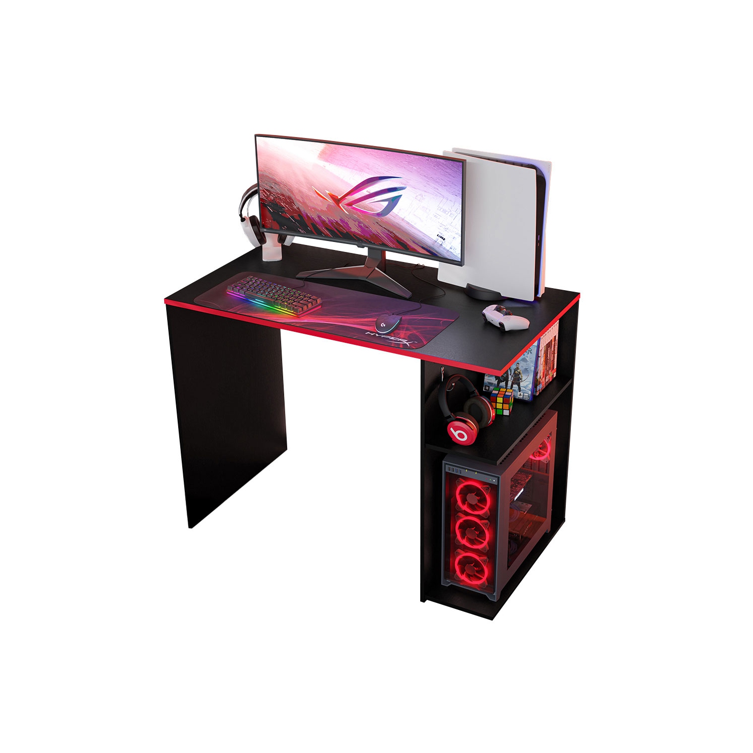 Bureau d'ordinateur de jeu Madesa 39 po avec 2 tablettes et support d'écouteurs table de bureau en bois robuste pour enfants et adultes - Noir/rouge