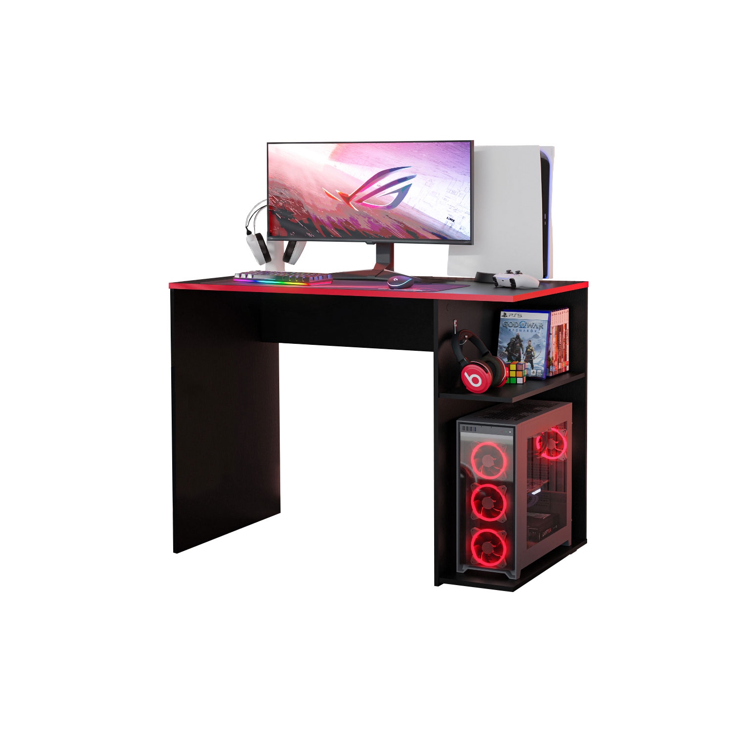 Bureau d'ordinateur de jeu Madesa 39 po avec 2 tablettes et support d'écouteurs table de bureau en bois robuste pour enfants et adultes - Noir/rouge