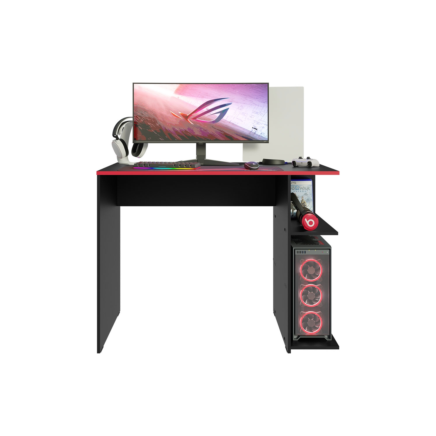 Bureau d'ordinateur de jeu Madesa 39 po avec 2 tablettes et support d'écouteurs table de bureau en bois robuste pour enfants et adultes - Noir/rouge
