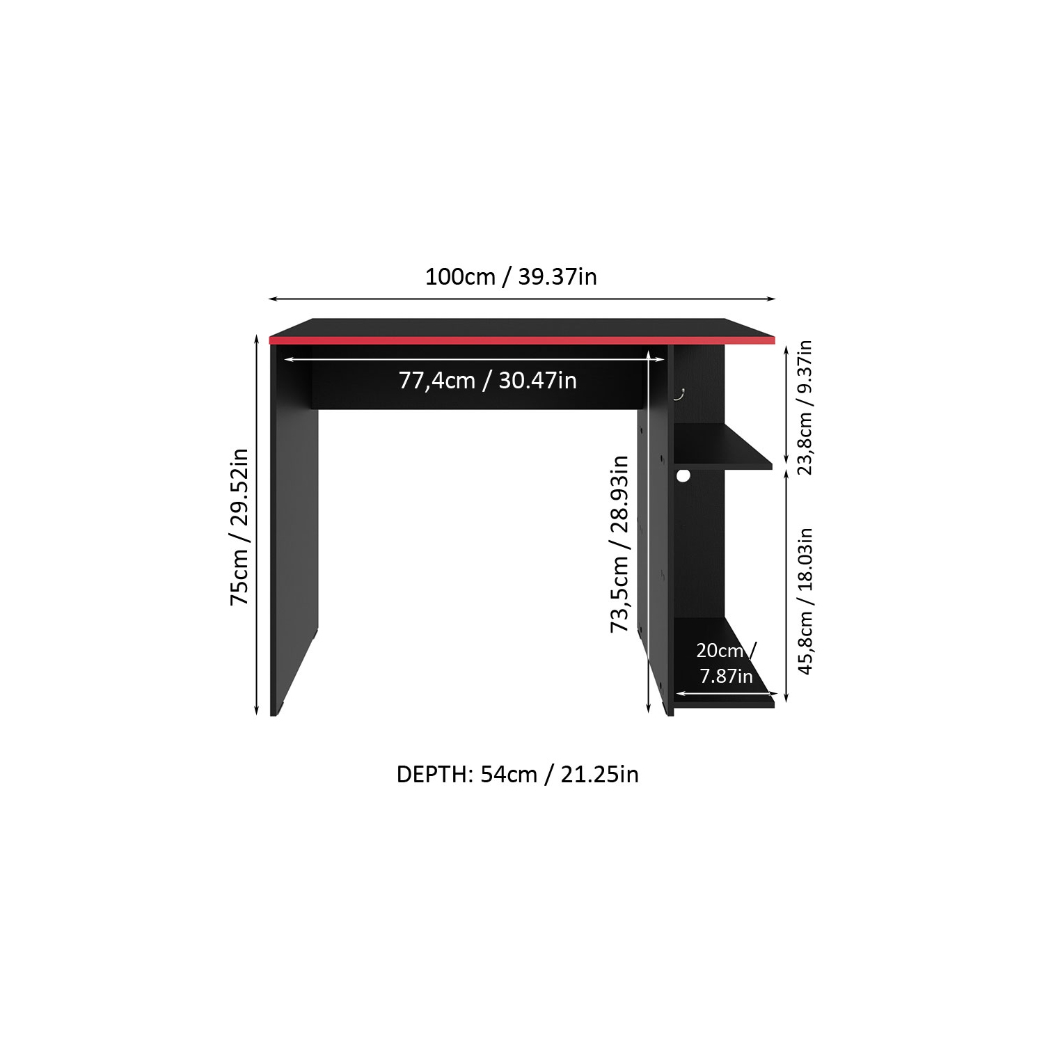 Bureau d'ordinateur de jeu Madesa 39 po avec 2 tablettes et support d'écouteurs table de bureau en bois robuste pour enfants et adultes - Noir/rouge