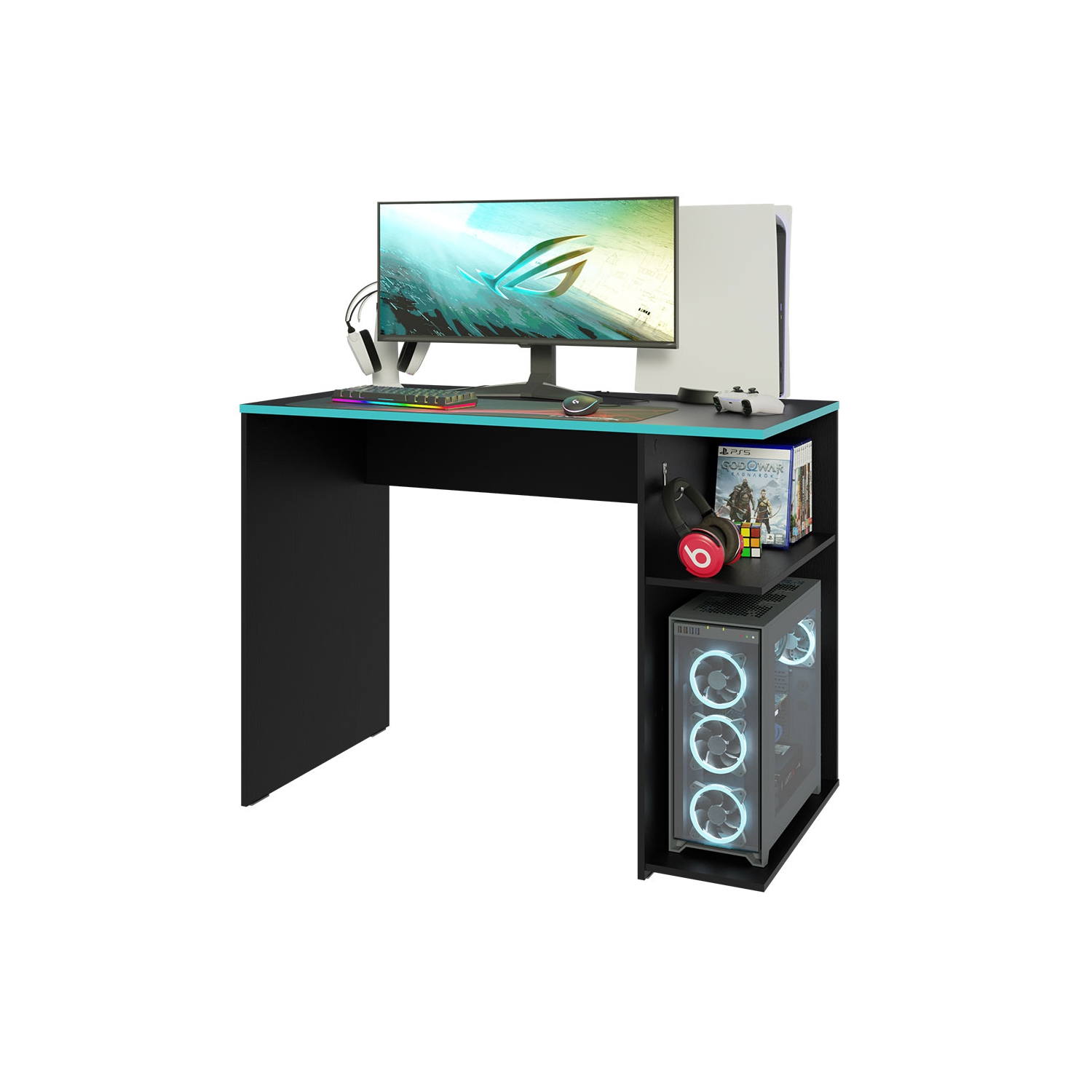 Madesa Gaming Computer Desk 39 Inch with 2 Shelves and Headphone Hanger Wooden Sturdy Home Office Table for Kids and Adults - Black/Blue