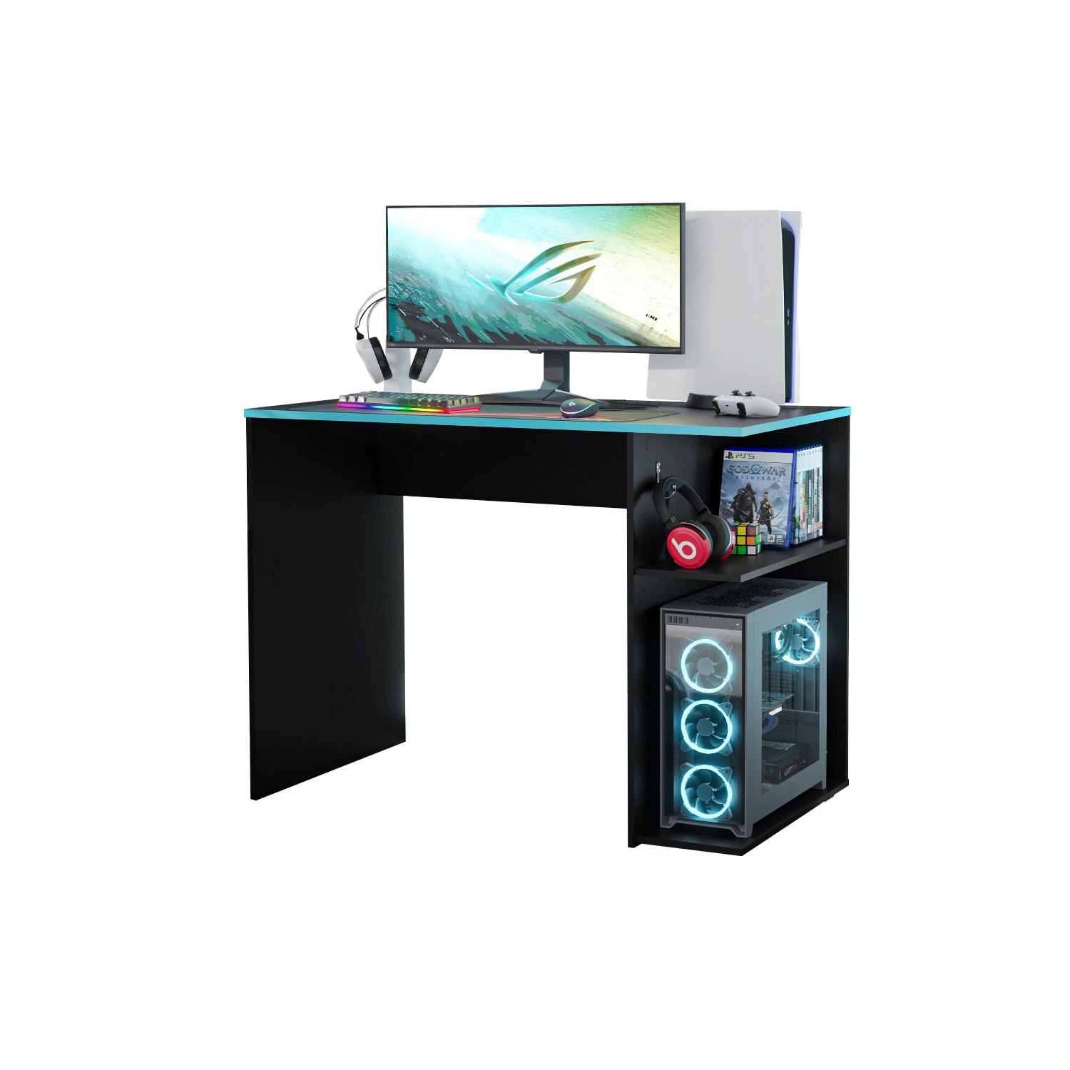 Madesa Gaming Computer Desk 39 Inch with 2 Shelves and Headphone Hanger Wooden Sturdy Home Office Table for Kids and Adults - Black/Blue