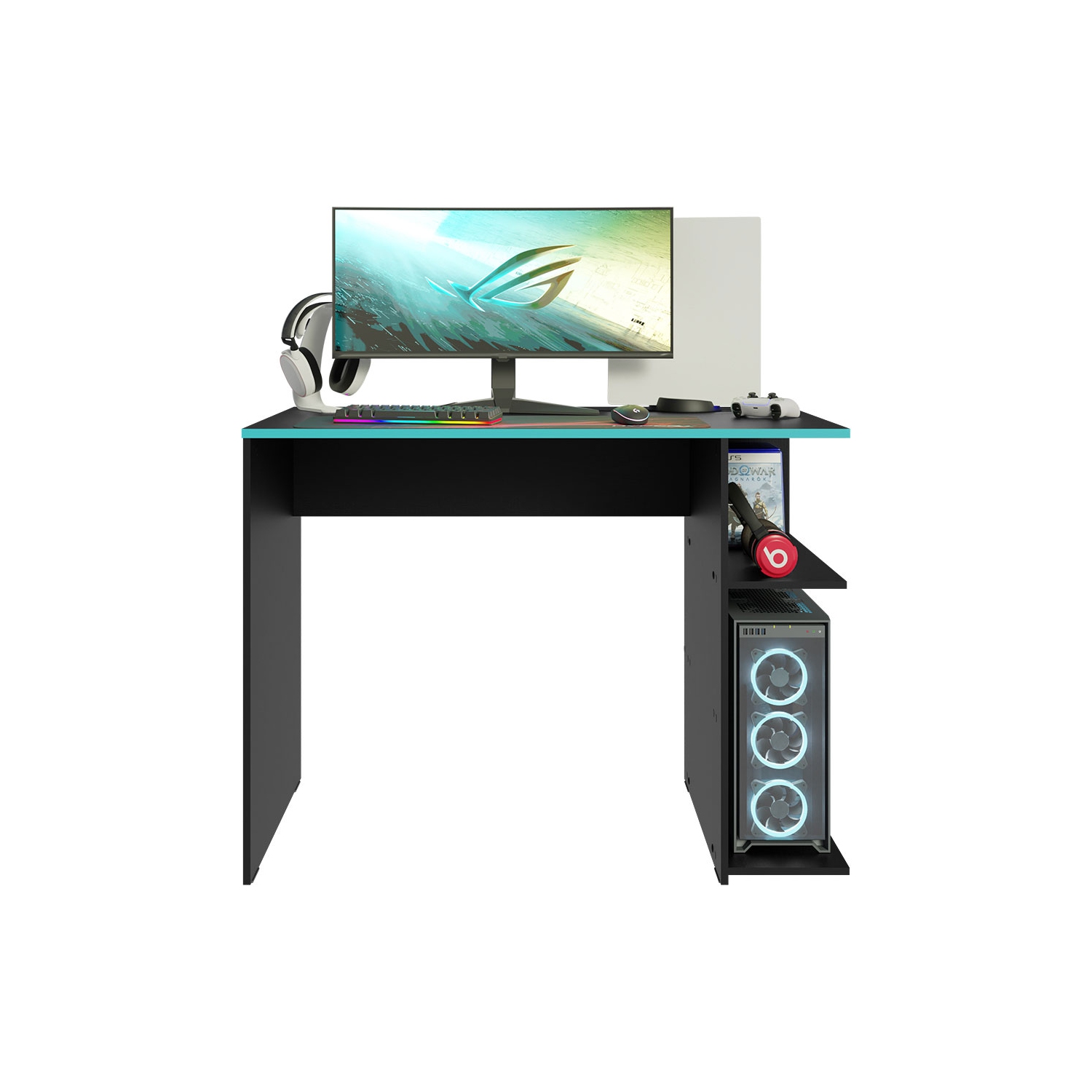Madesa Gaming Computer Desk 39 Inch with 2 Shelves and Headphone Hanger Wooden Sturdy Home Office Table for Kids and Adults - Black/Blue
