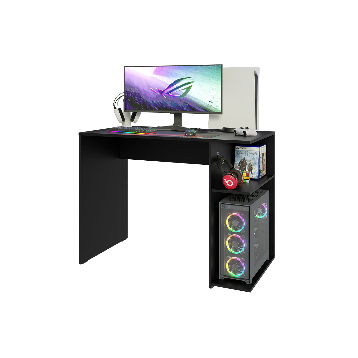 Madesa Gaming Computer Desk 39 Inch with 2 Shelves and Headphone Hanger Wooden Sturdy Home Office Table for Kids and Adults - Black