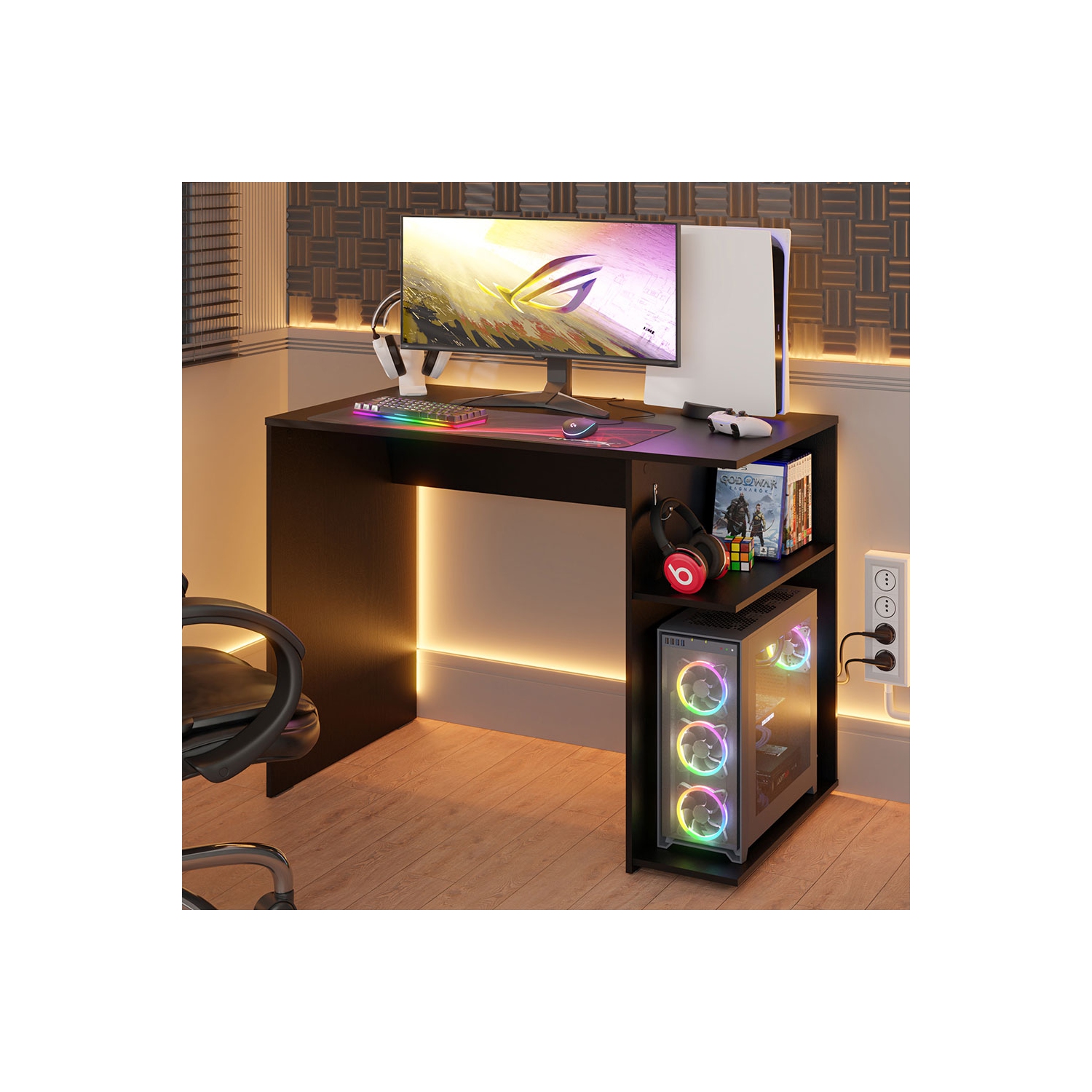 Madesa Gaming Computer Desk 39 Inch with 2 Shelves and Headphone Hanger Wooden Sturdy Home Office Table for Kids and Adults - Black