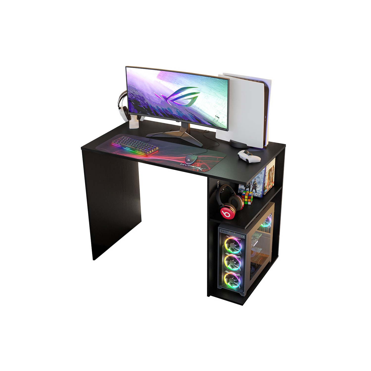 Madesa Gaming Computer Desk 39 Inch with 2 Shelves and Headphone Hanger Wooden Sturdy Home Office Table for Kids and Adults - Black