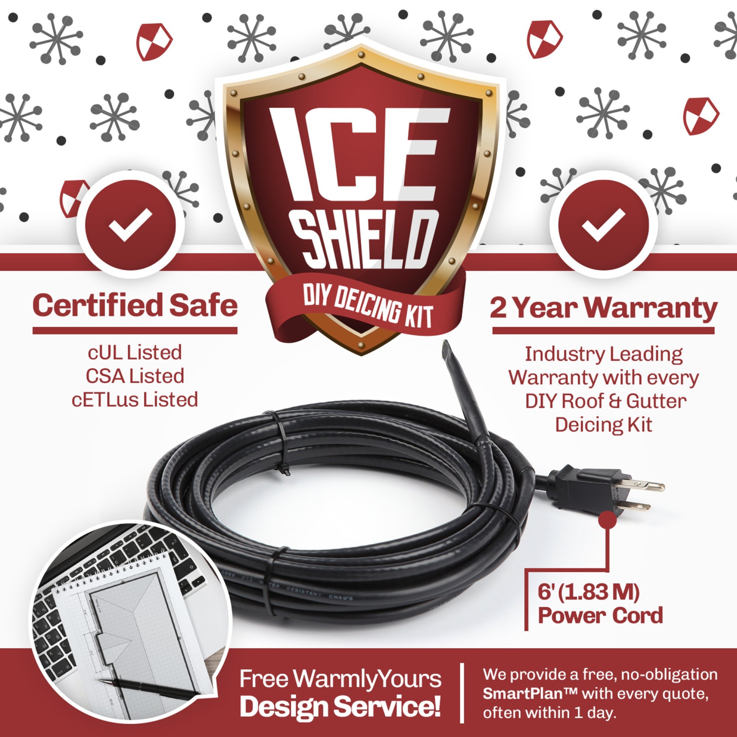 Nécessaire de dégivrage pour toit et gouttière de pare-glace WarmlyOurs, 160&nbsp;pi, protection contre la glace et la neige