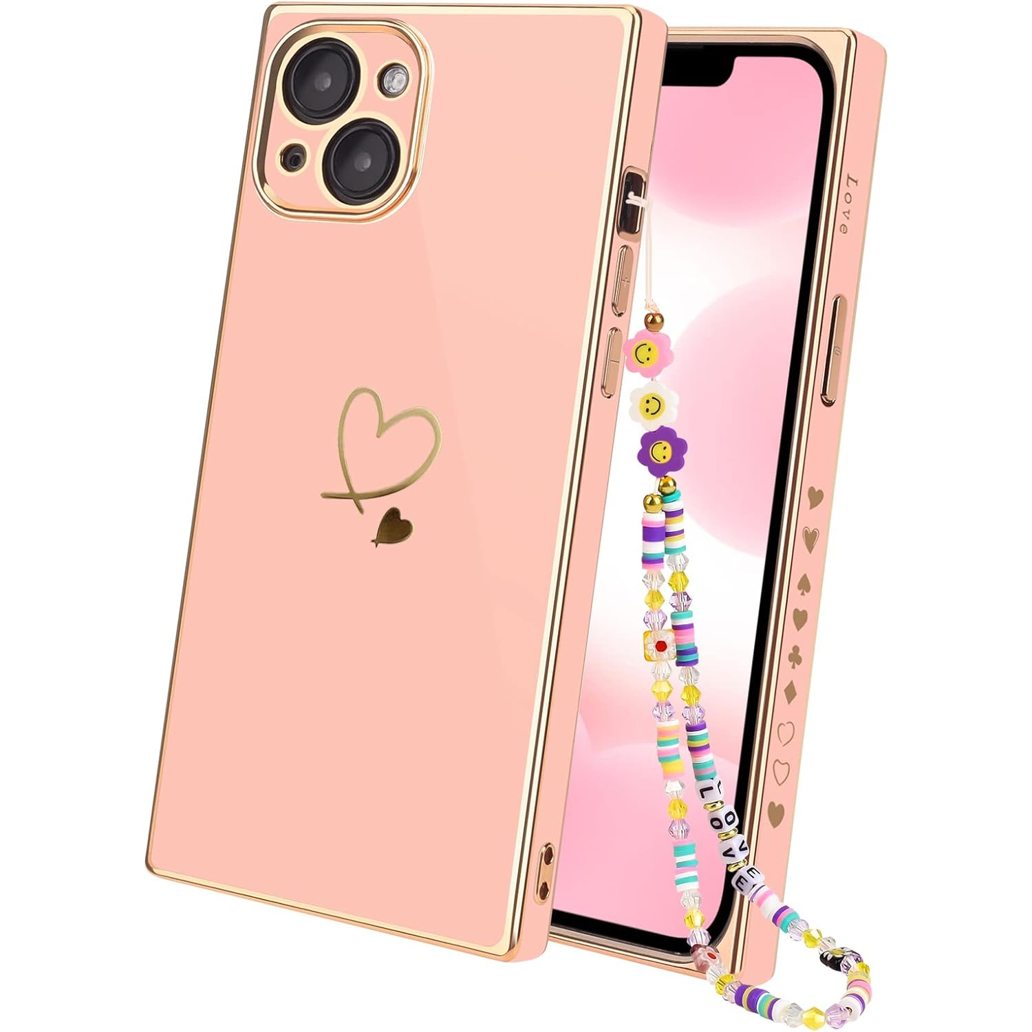 iPhone 14 Case,Luxury iPhone 14 Case Women Cute Gold Heart Square iPhone 14 Case Soft Slim Silicone Bumper