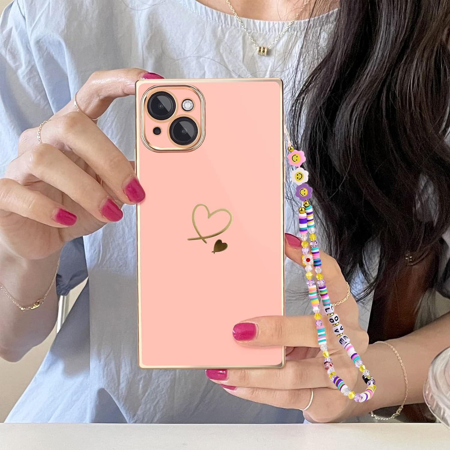 iPhone 14 Case,Luxury iPhone 14 Case Women Cute Gold Heart Square iPhone 14 Case Soft Slim Silicone Bumper