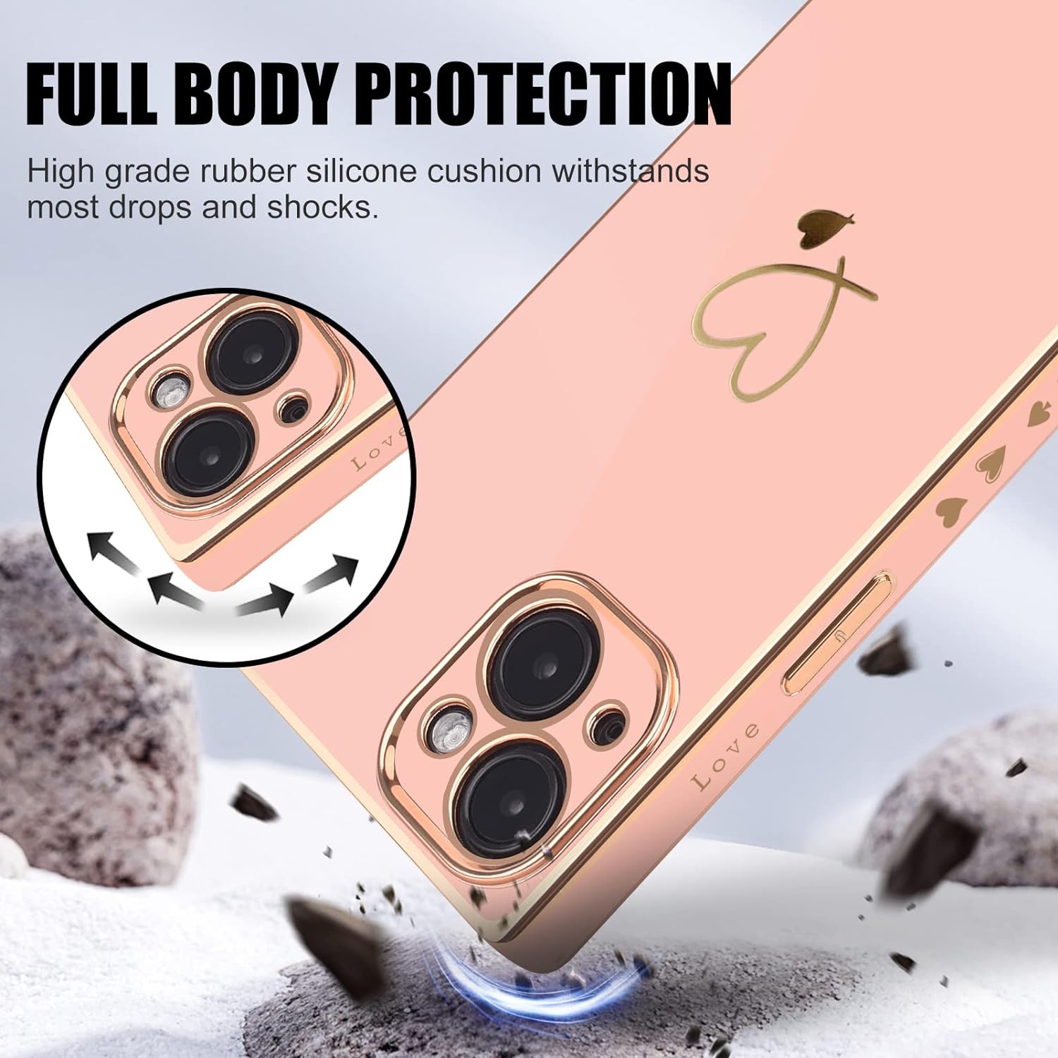 iPhone 14 Case,Luxury iPhone 14 Case Women Cute Gold Heart Square iPhone 14 Case Soft Slim Silicone Bumper