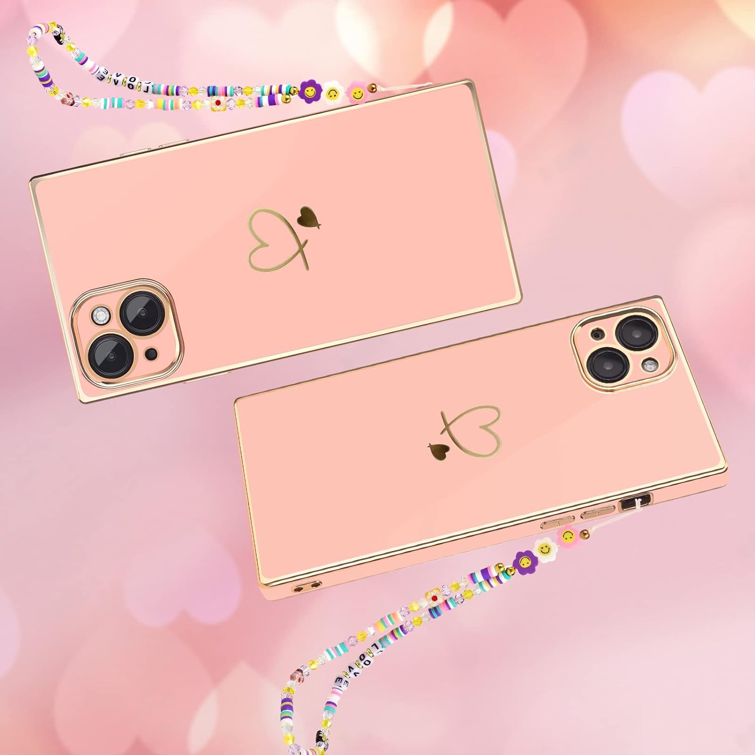 iPhone 14 Case,Luxury iPhone 14 Case Women Cute Gold Heart Square iPhone 14 Case Soft Slim Silicone Bumper