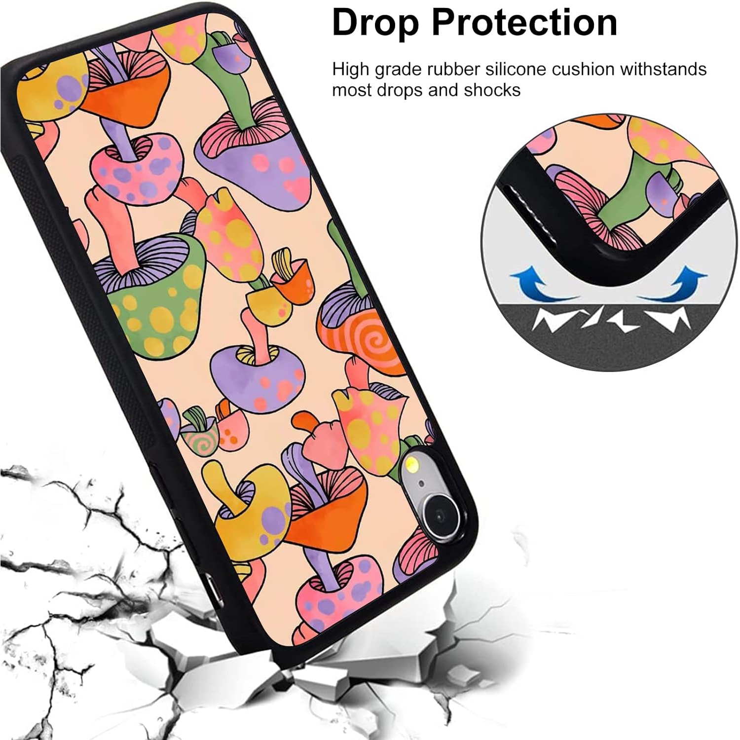 for iPhone XR Girls Women Mushroom Case Color Block Print Soft TPU Hard Back Shockproof Anti-Scratch Protective