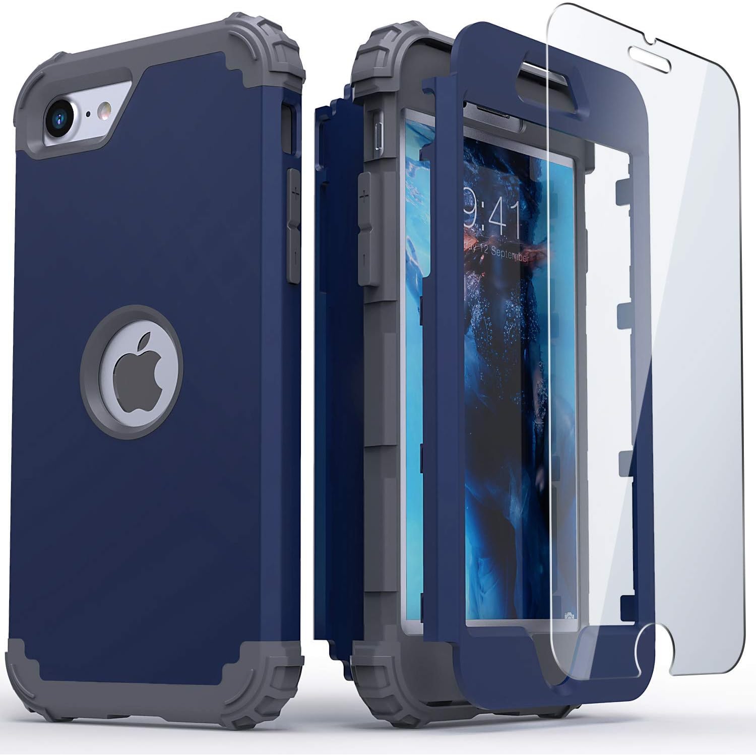 iPhone SE 2020 Case, Hybrid 3 in 1 Shockproof Slim Heavy Duty Hard PC Cover Soft Silicone Rugged Bumper Full