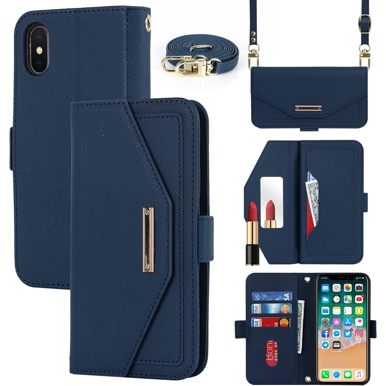 Crossbody Wallet for iPhone Xs/iPhone X Case with Adjustable Lanyard Strap Credit Card Holder 5.8",PU Leather