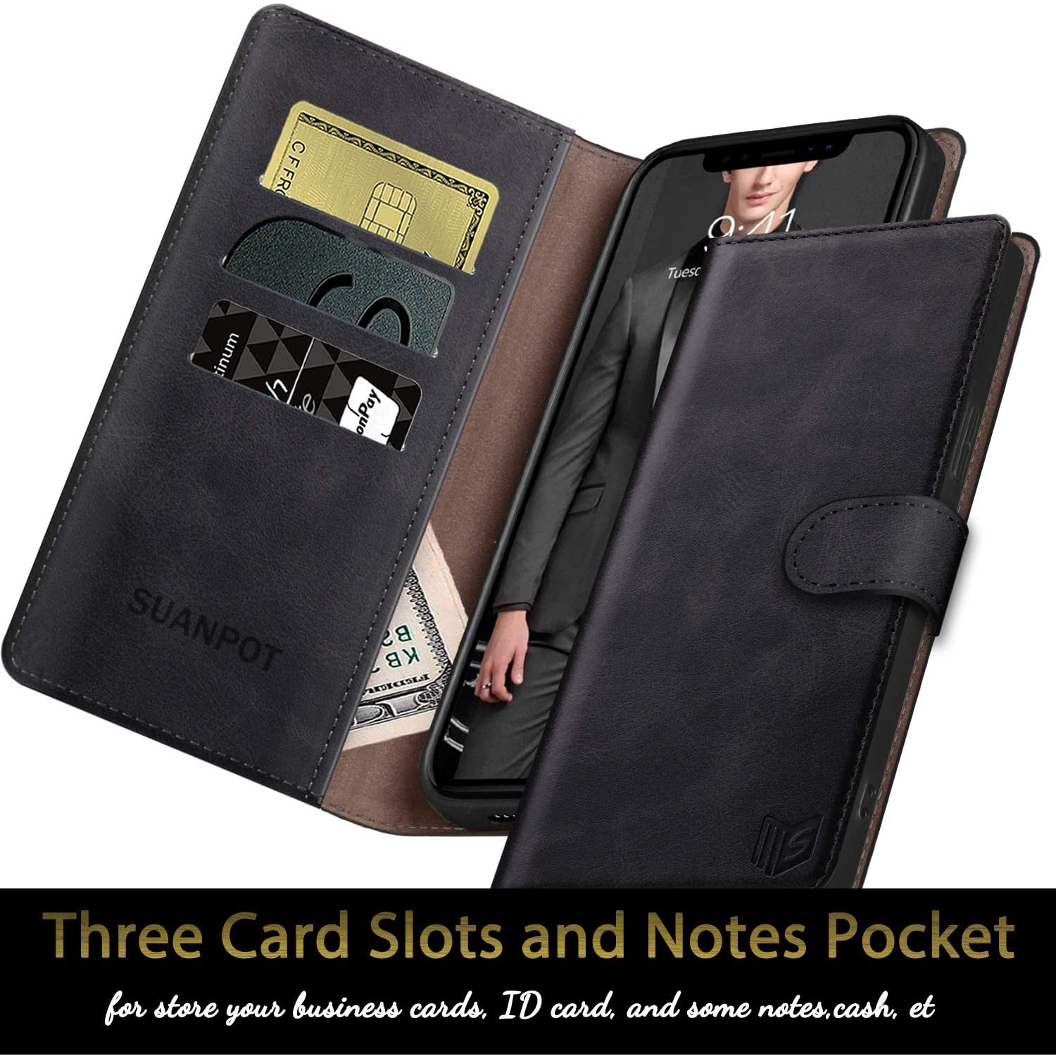 for iPhone 11 Pro Max 6.5" with RFID Blocking Leather Wallet case Credit Card Holder, Flip Folio Book Phone
