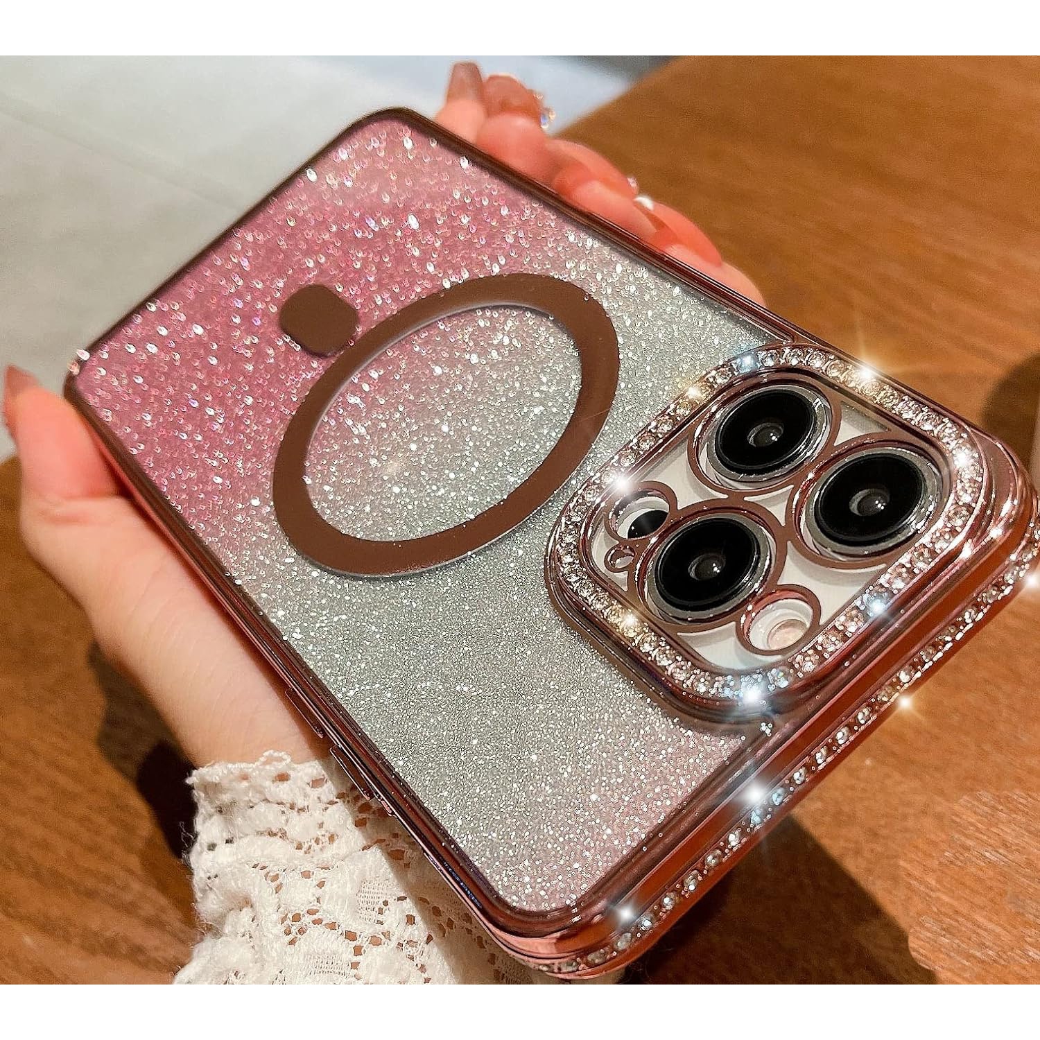 Designed for iPhone 13 Magnetic Glitter Case, Luxury Plating Cute Bling Diamond Inlay Phone Cover Compatible