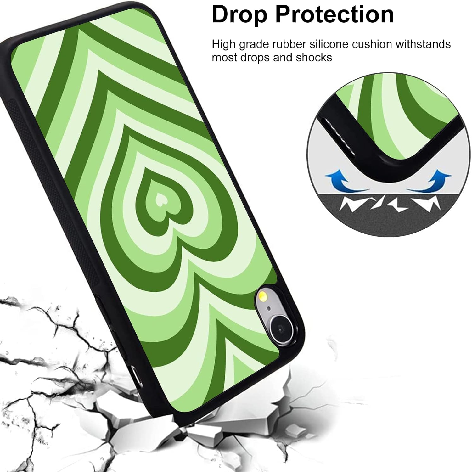 for iPhone X/XS Girls Women Cute Case Green Love Heart Print Soft TPU Hard Back Shockproof Anti-Scratch
