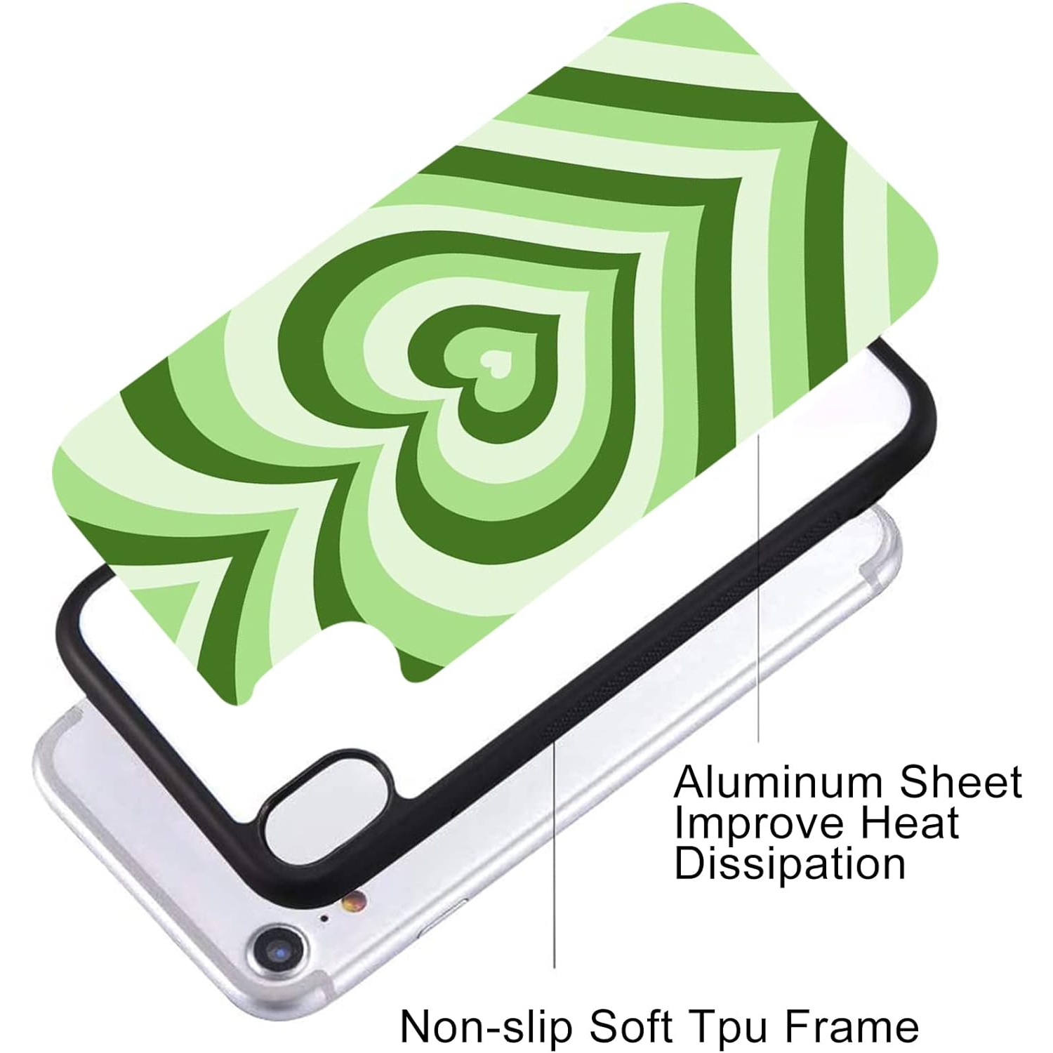 for iPhone X/XS Girls Women Cute Case Green Love Heart Print Soft TPU Hard Back Shockproof Anti-Scratch