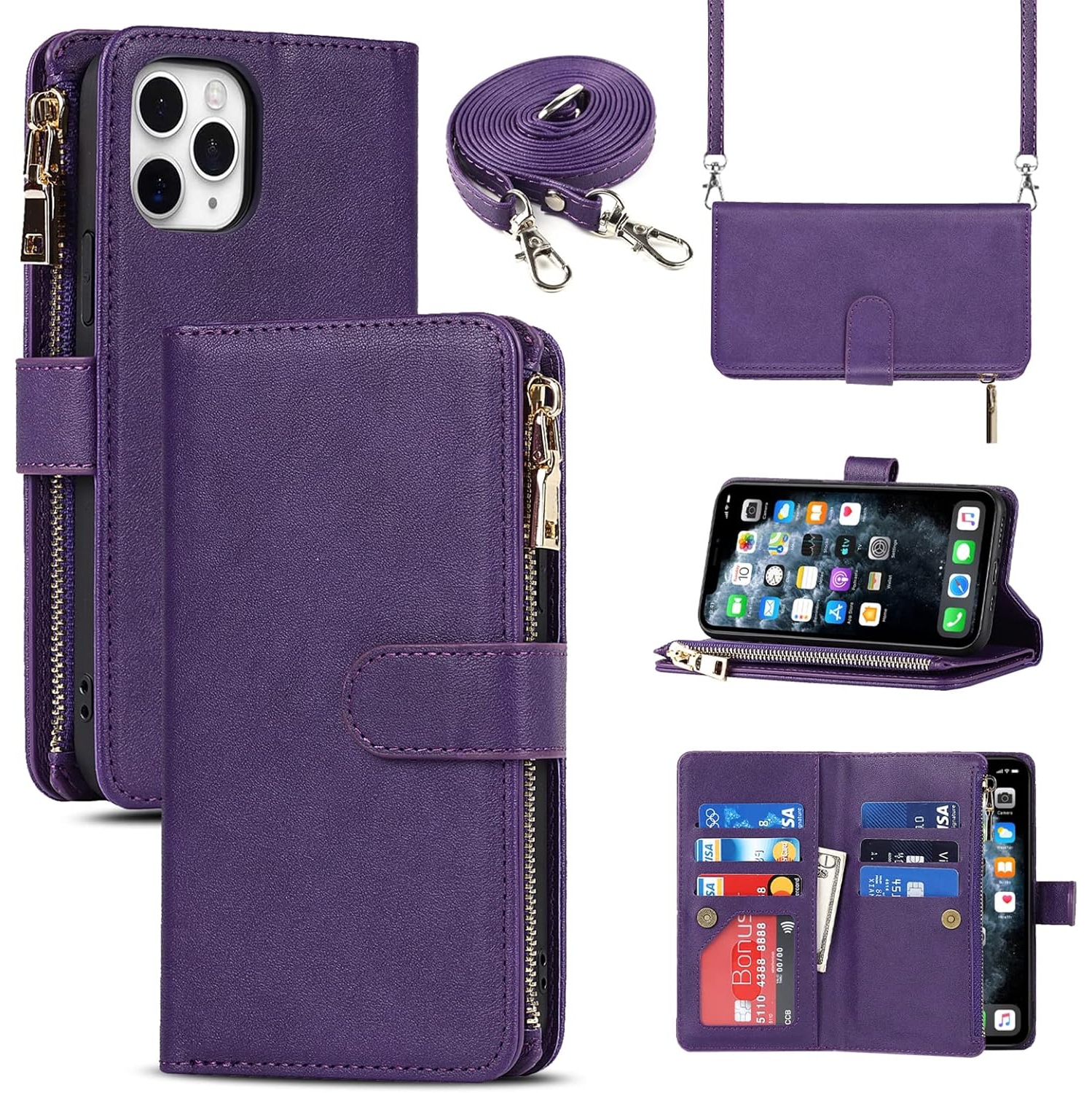 Compatible with iPhone 11 Pro Wallet Case,[9 Card Slots] Removable Adjustable Crossbody Necklace Lanyard