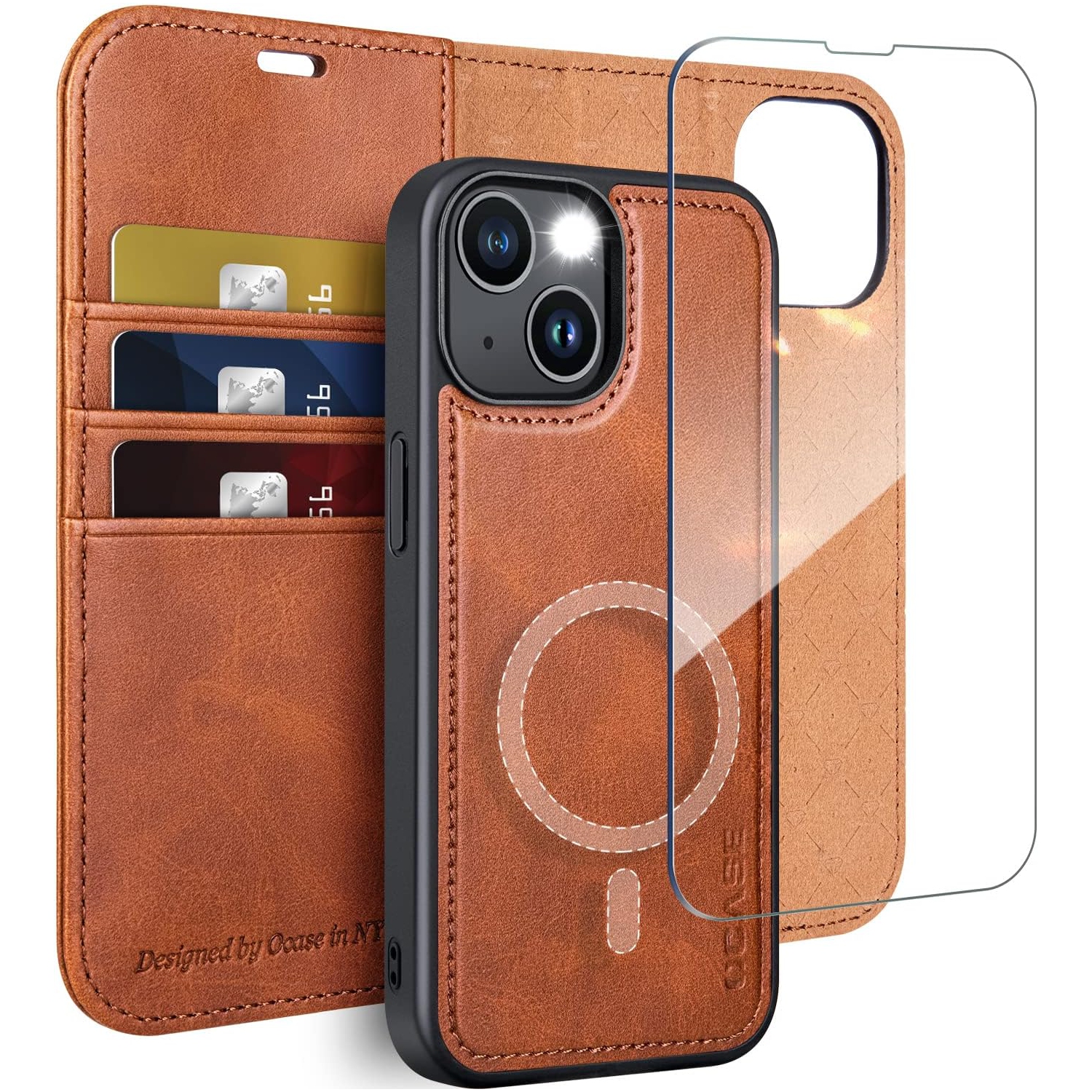 Étui portefeuille iPhone 14 avec porte-cartes, rabat magnétique amovible en cuir pu 2-en-1