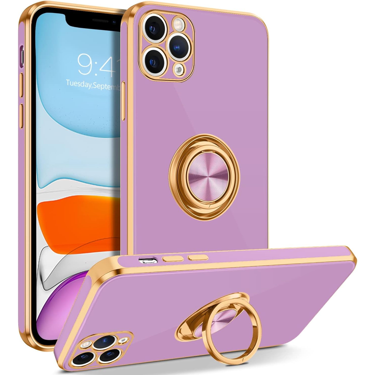 iPhone 11 Pro Case, iPhone 11 Pro Phone Case Ring Holder Edge Plating Rotation Kickstand Soft Silicone TPU