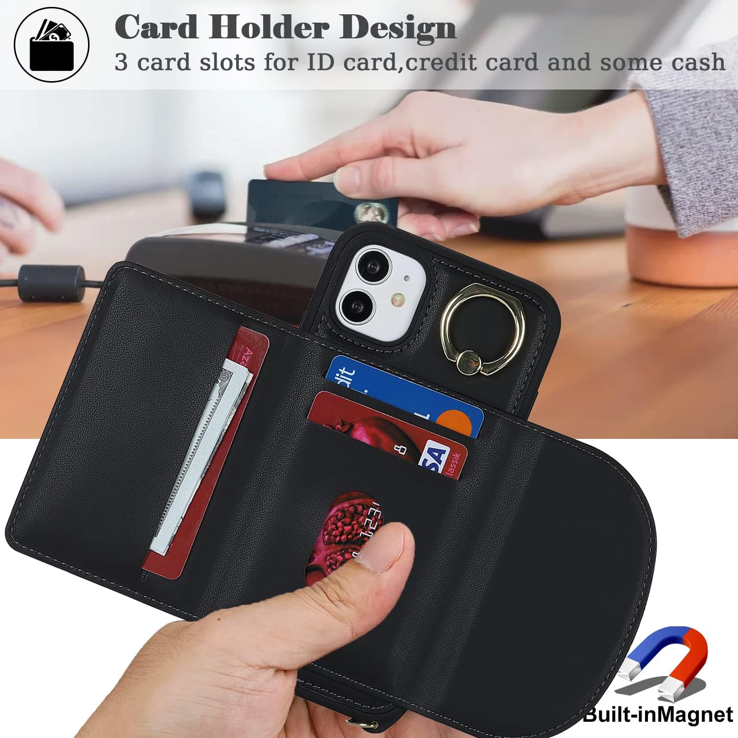 etui iPhone 11 Phone Case with Card Holder,iPhone 11 Wallet case Crossbody for Women, Phone Cover with Credit