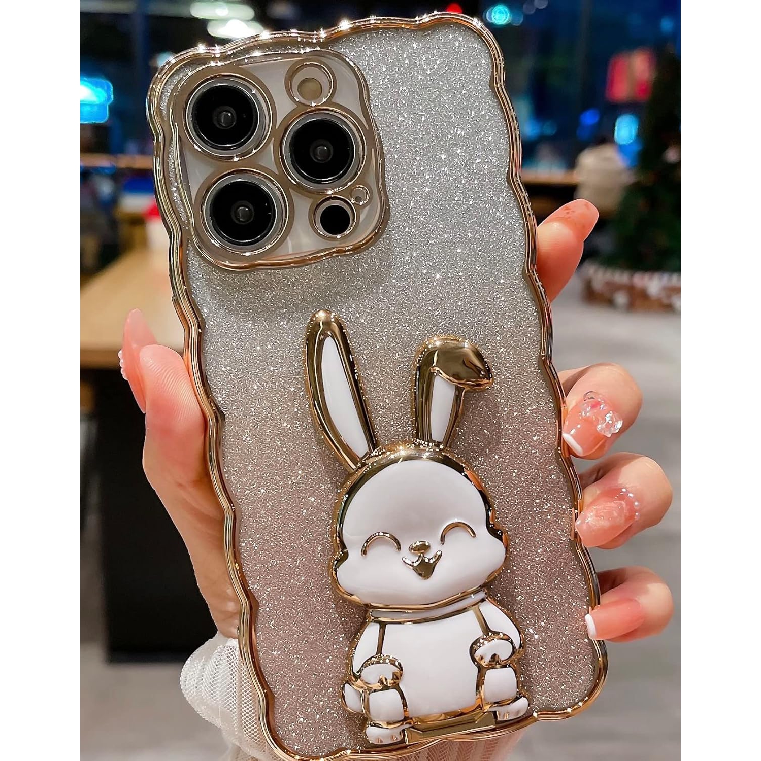 Designed for iPhone 11 Pro Max Glitter Case, Luxury Plating Cute Bling Rabbit Kickstand Phone Cover for Women