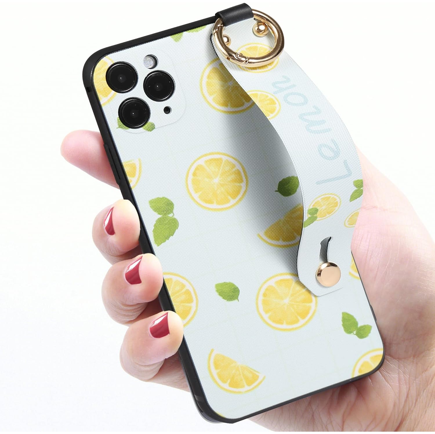 Finger Strap Loop Case for iPhone 13 Pro Max, Fruit Lemon Print iPhone 13 Pro Max Case with Strap Grip Holder