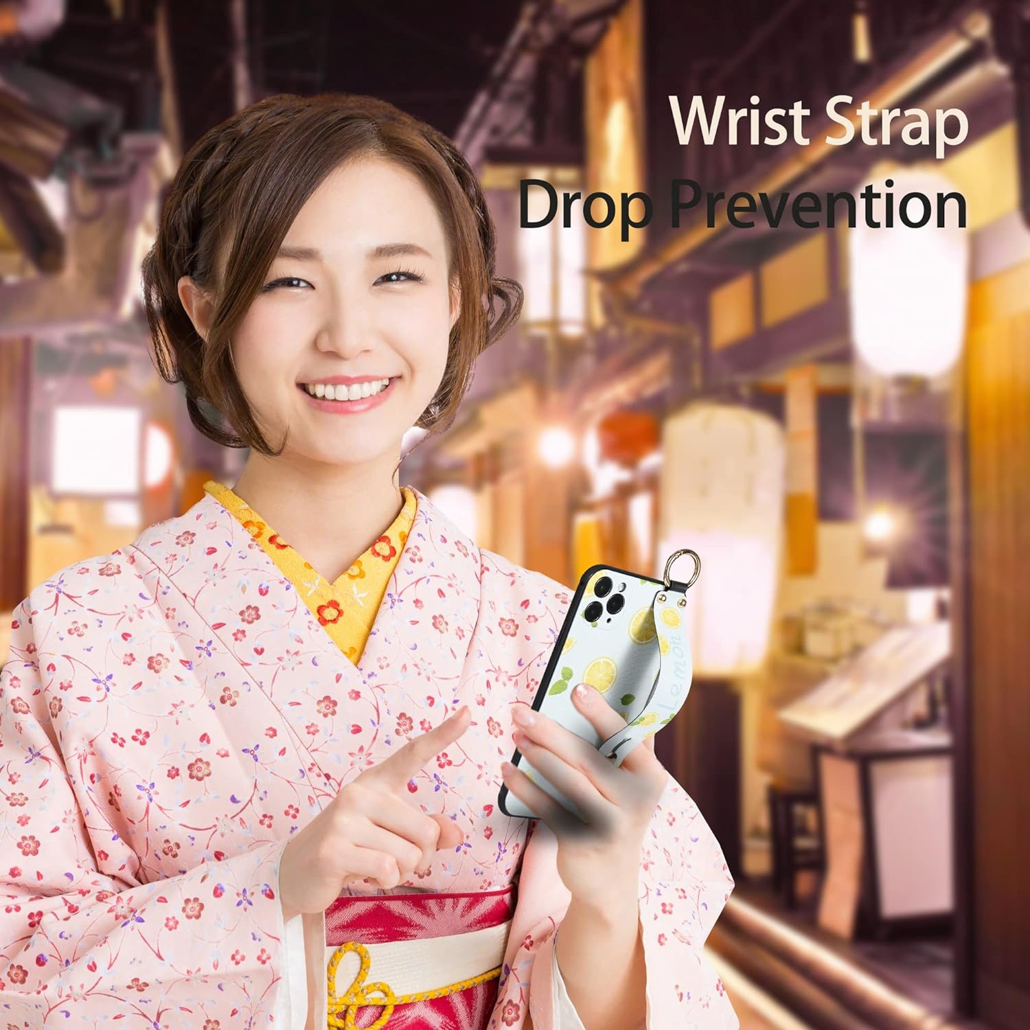 Finger Strap Loop Case for iPhone 13 Pro Max, Fruit Lemon Print iPhone 13 Pro Max Case with Strap Grip Holder