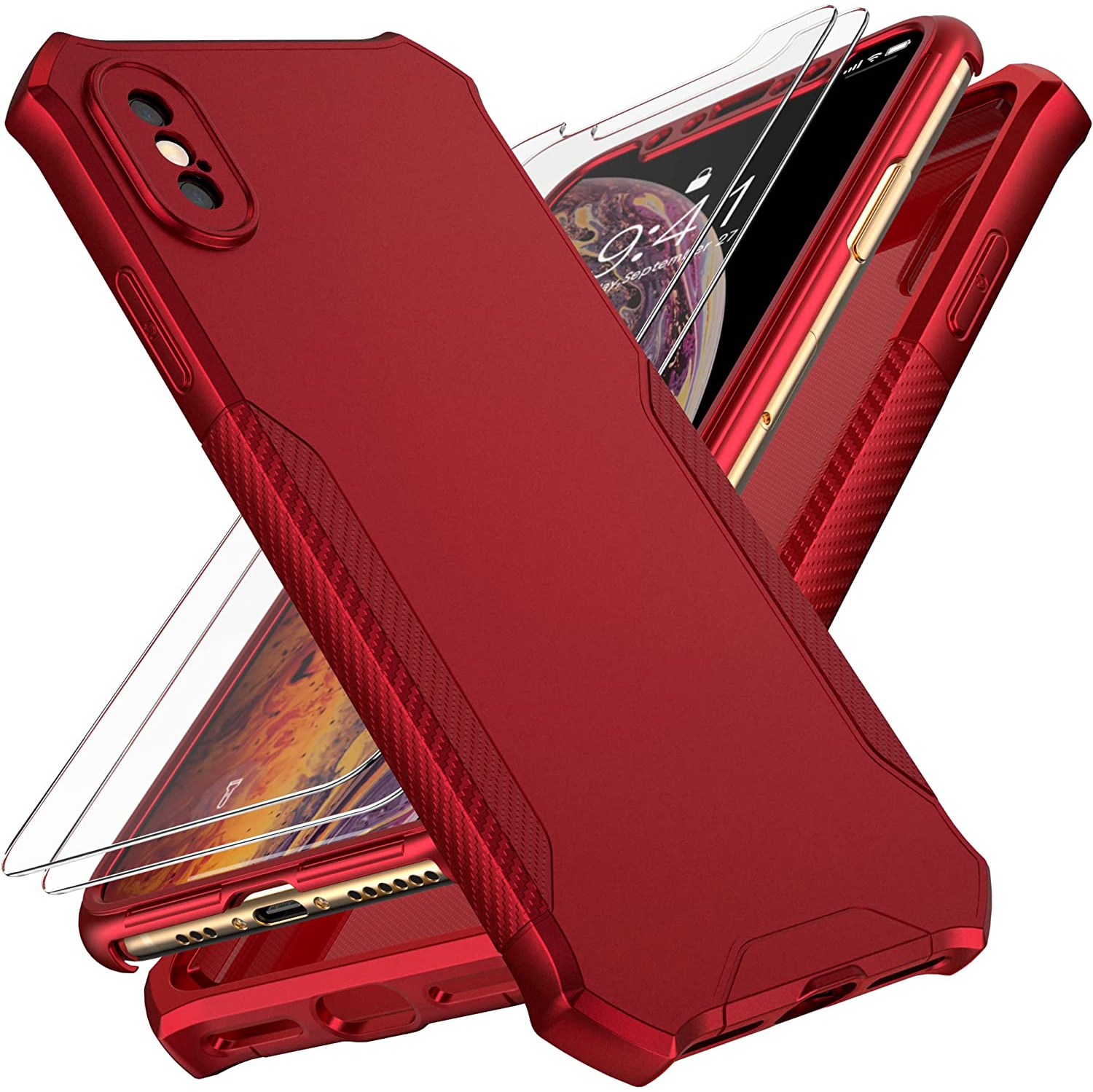 for iPhone X Case and iPhone Xs Case 5.8 inches with 2 Screen Protector Tempered Glass,Shockproof Hard PC Front