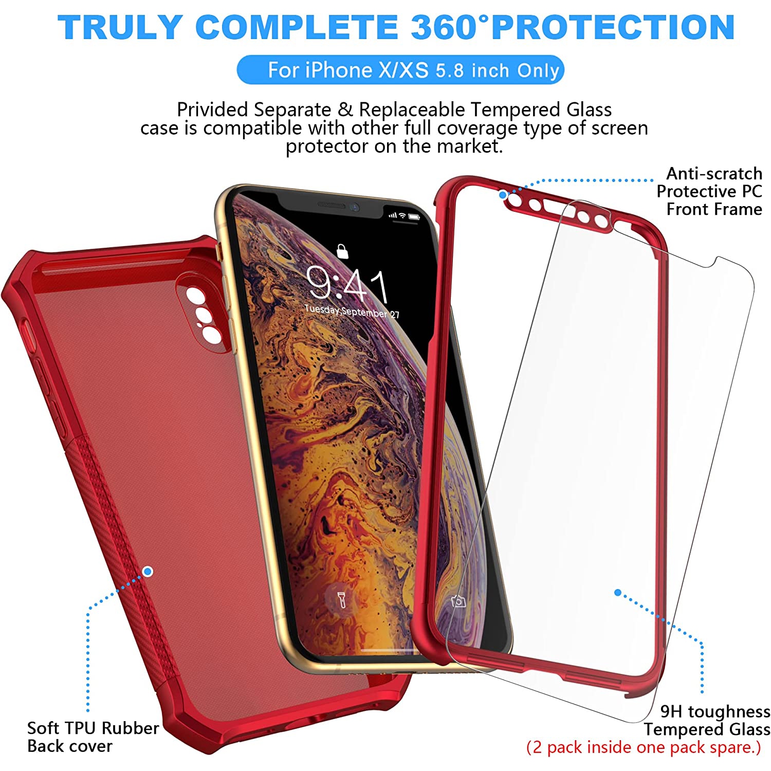for iPhone X Case and iPhone Xs Case 5.8 inches with 2 Screen Protector Tempered Glass,Shockproof Hard PC Front