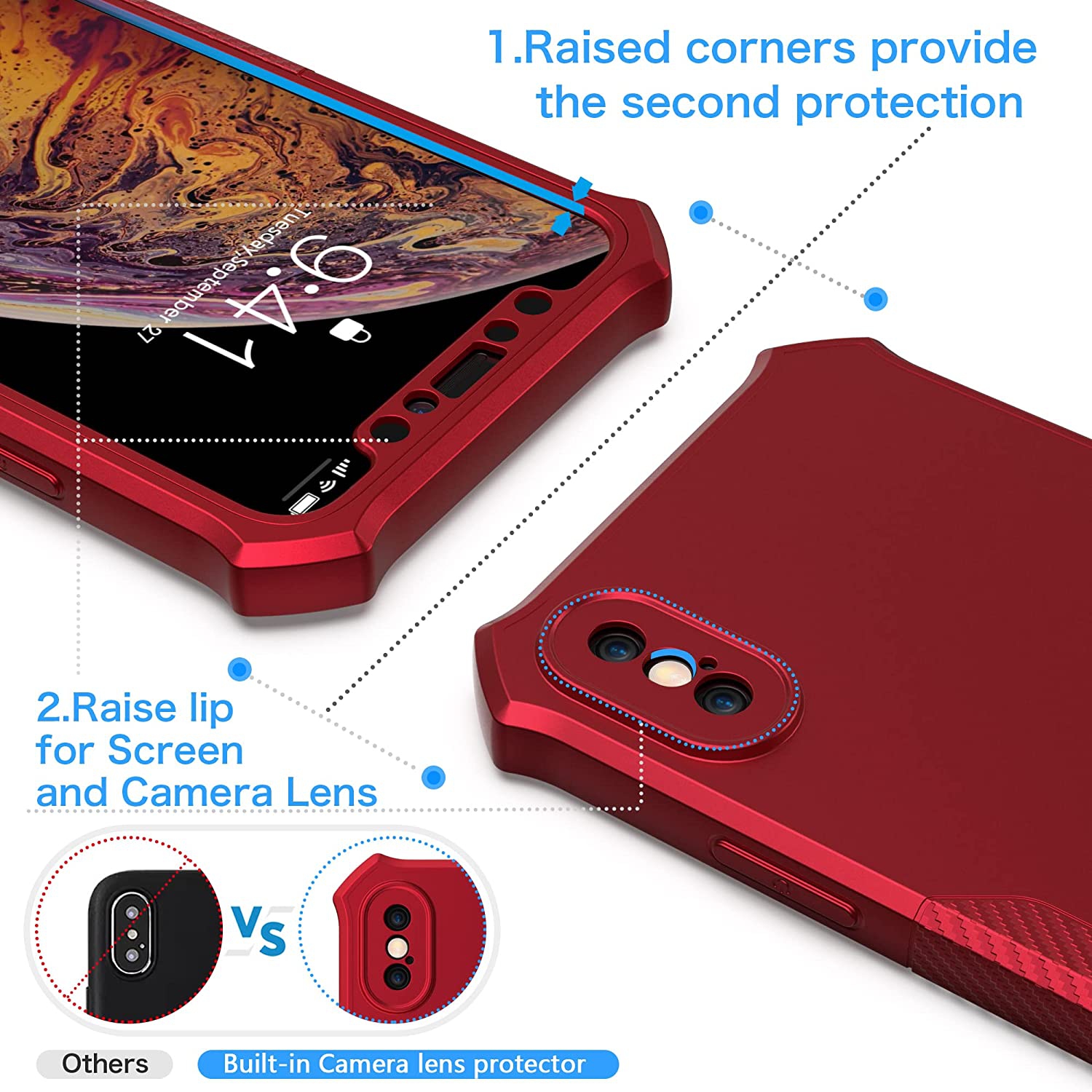 for iPhone X Case and iPhone Xs Case 5.8 inches with 2 Screen Protector Tempered Glass,Shockproof Hard PC Front
