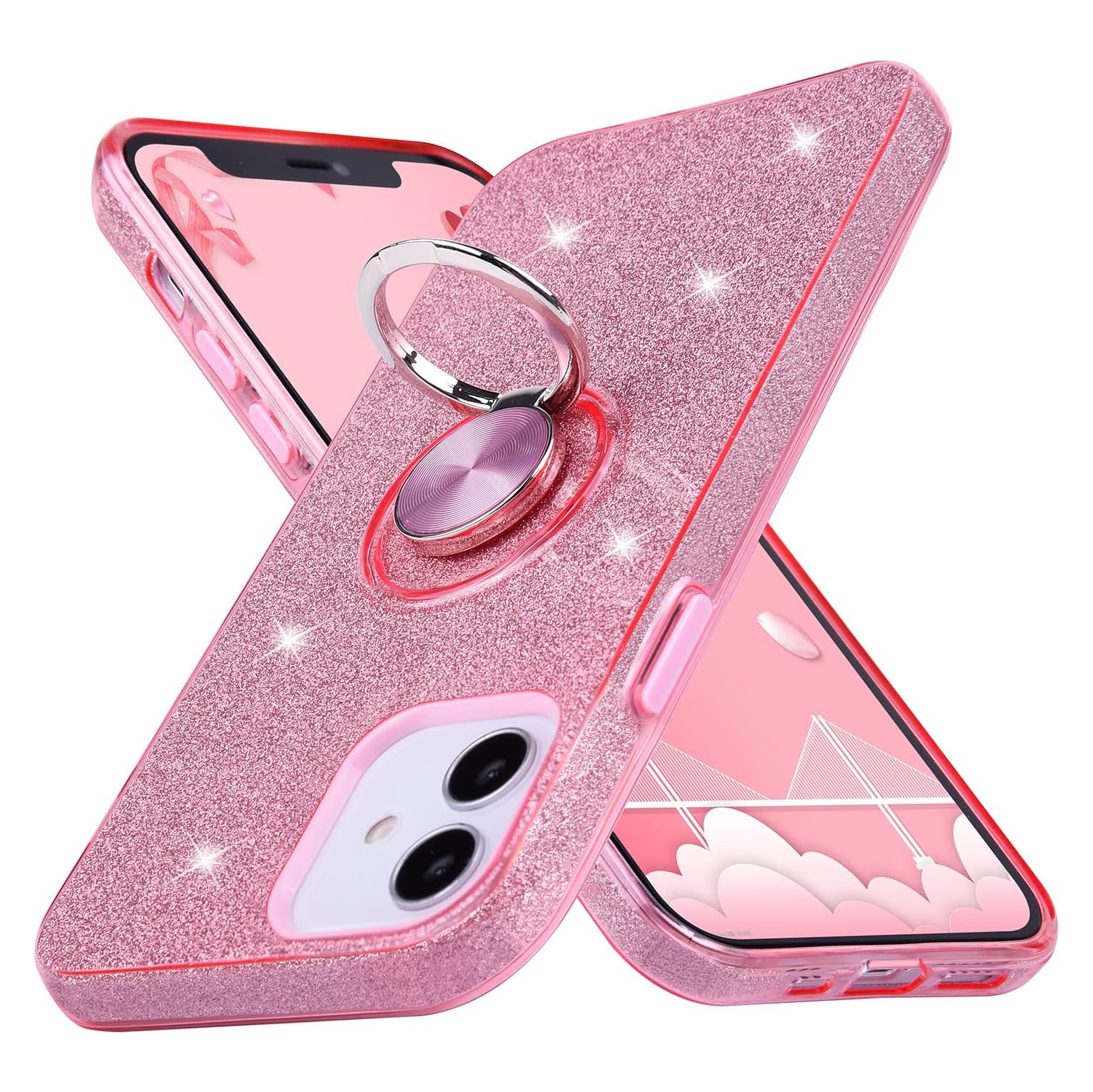 iPhone 12 Mini Case, Cute Glitter Bling Sparkle Protective Case with Ring Kickstand, Women Girls Phone Case