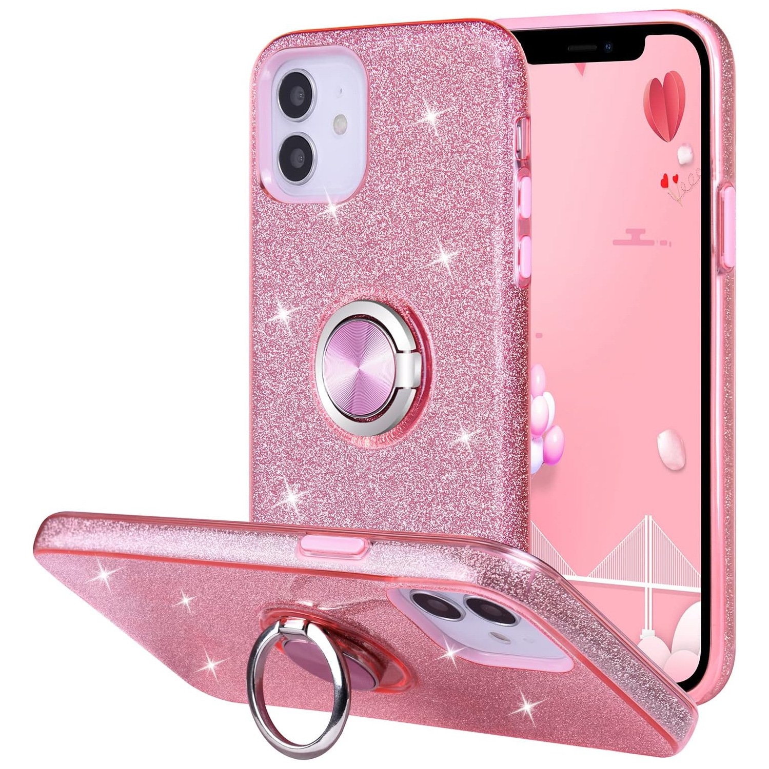 iPhone 12 Mini Case, Cute Glitter Bling Sparkle Protective Case with Ring Kickstand, Women Girls Phone Case