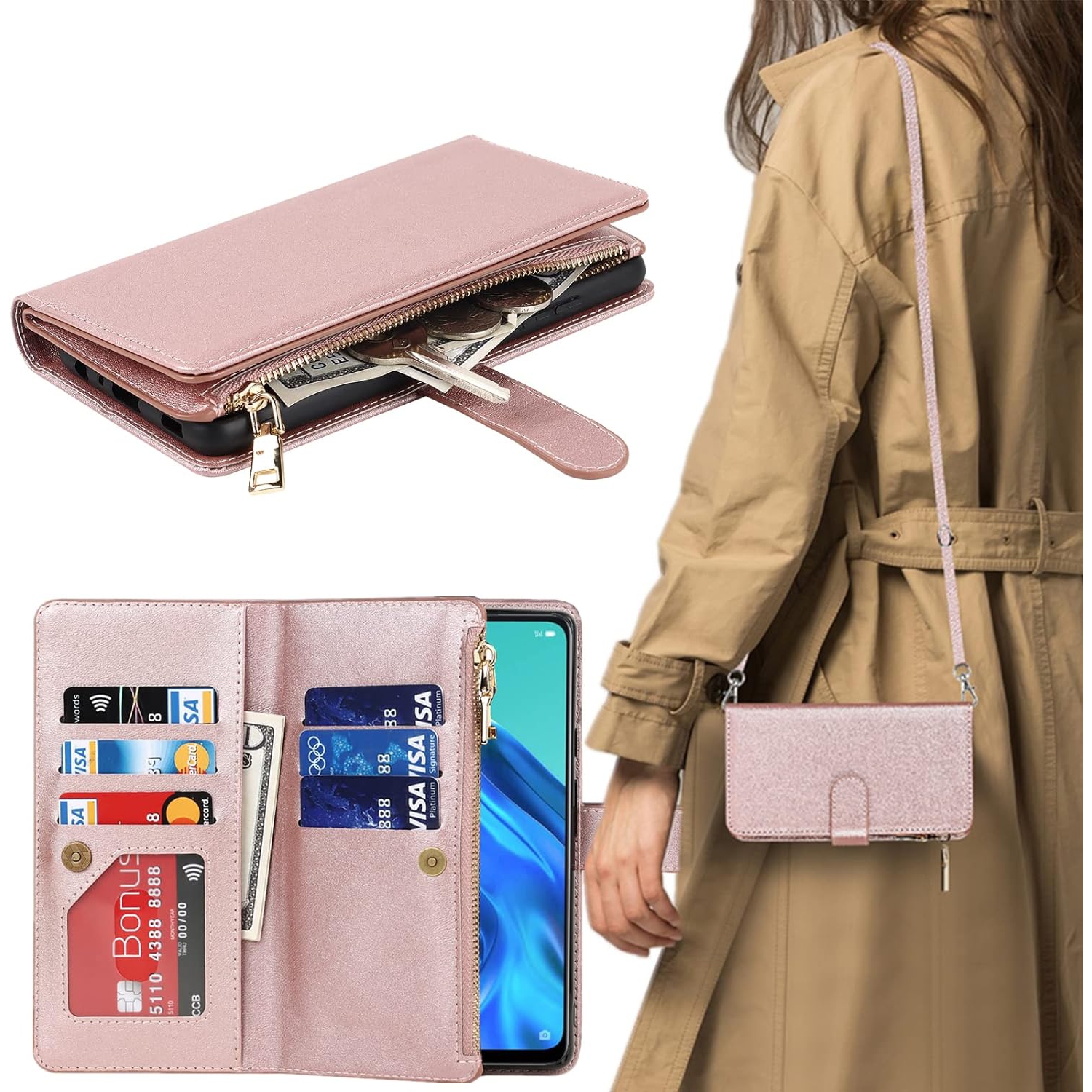 etui iPhone 14 Pro Case Wallet with Card Holder,iPhone 14 Pro Phone case for Women,Crossbody Zipper Wallet