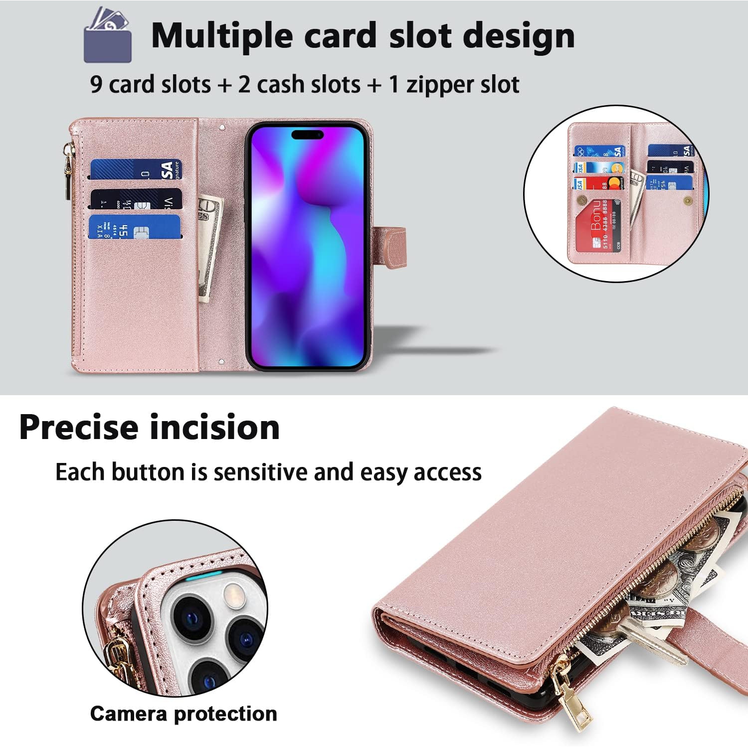 etui iPhone 14 Pro Case Wallet with Card Holder,iPhone 14 Pro Phone case for Women,Crossbody Zipper Wallet