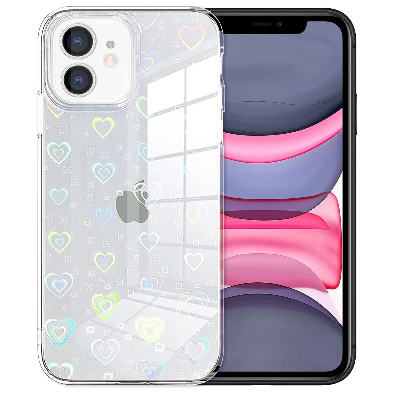 Compatible with iPhone 11 Pro Max Case, Love Clear Holographic Heart Phone Case for Women Kids, Aesthetic Glitter