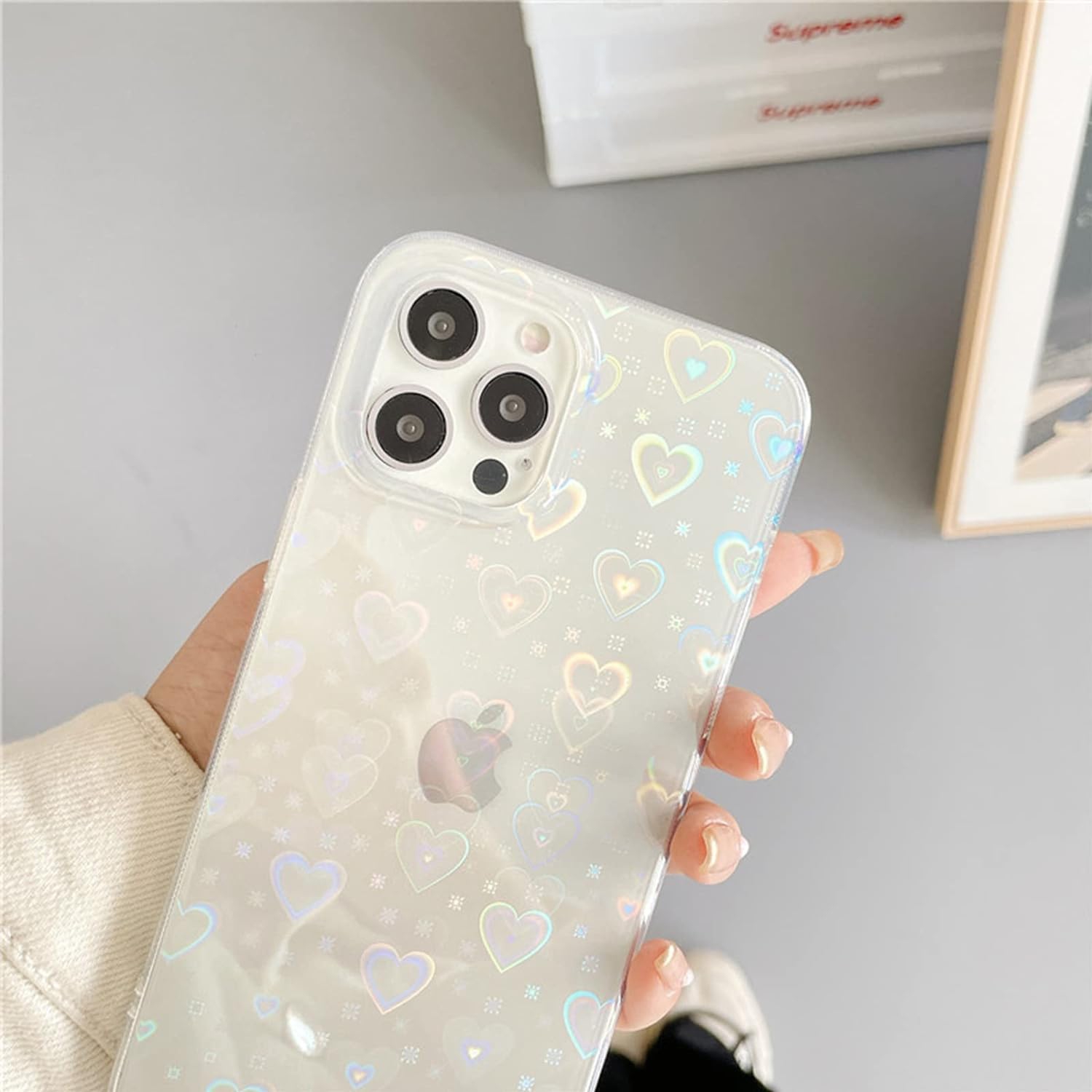 Compatible with iPhone 11 Pro Max Case, Love Clear Holographic Heart Phone Case for Women Kids, Aesthetic Glitter