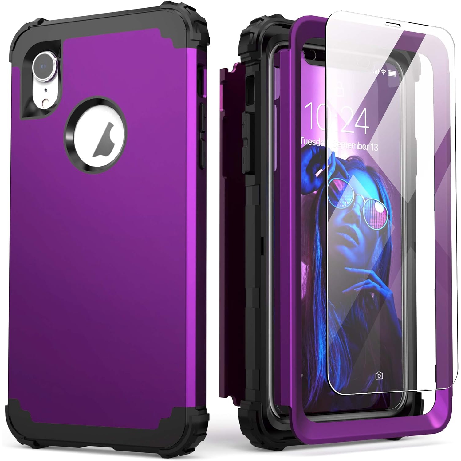 iPhone XR Case with Tempered Glass Screen Protector, 3 in 1 Shockproof Slim Hybrid Heavy Duty Hard PC Cover Soft